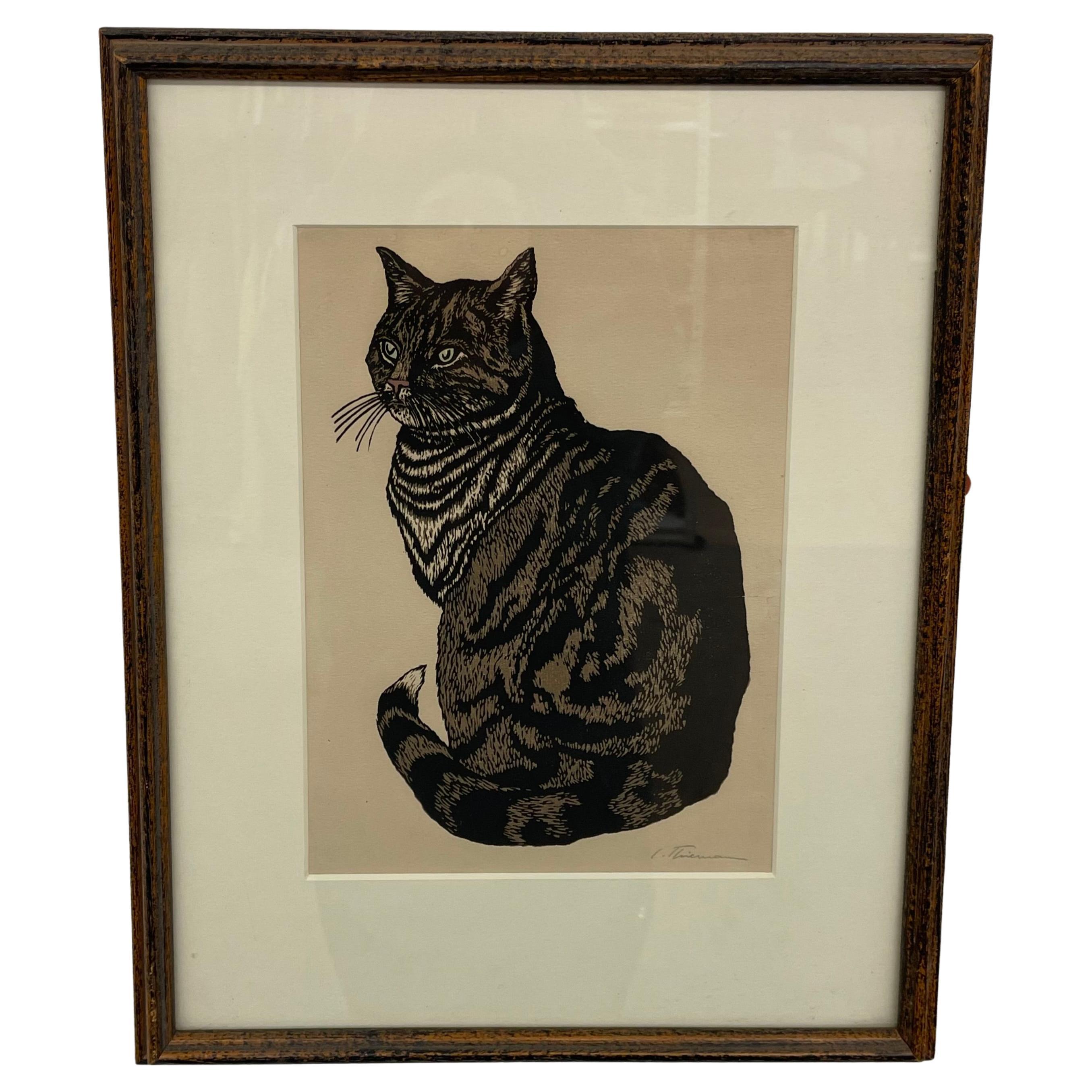 Vintage Encadré Gravure sur Bois de Chat Signée par l
Artiste L. Thiemann