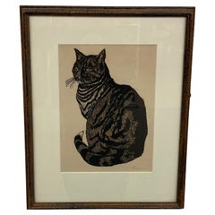 Vintage Framed Woodcut Cat Print Signed by Artist L. Thiemann