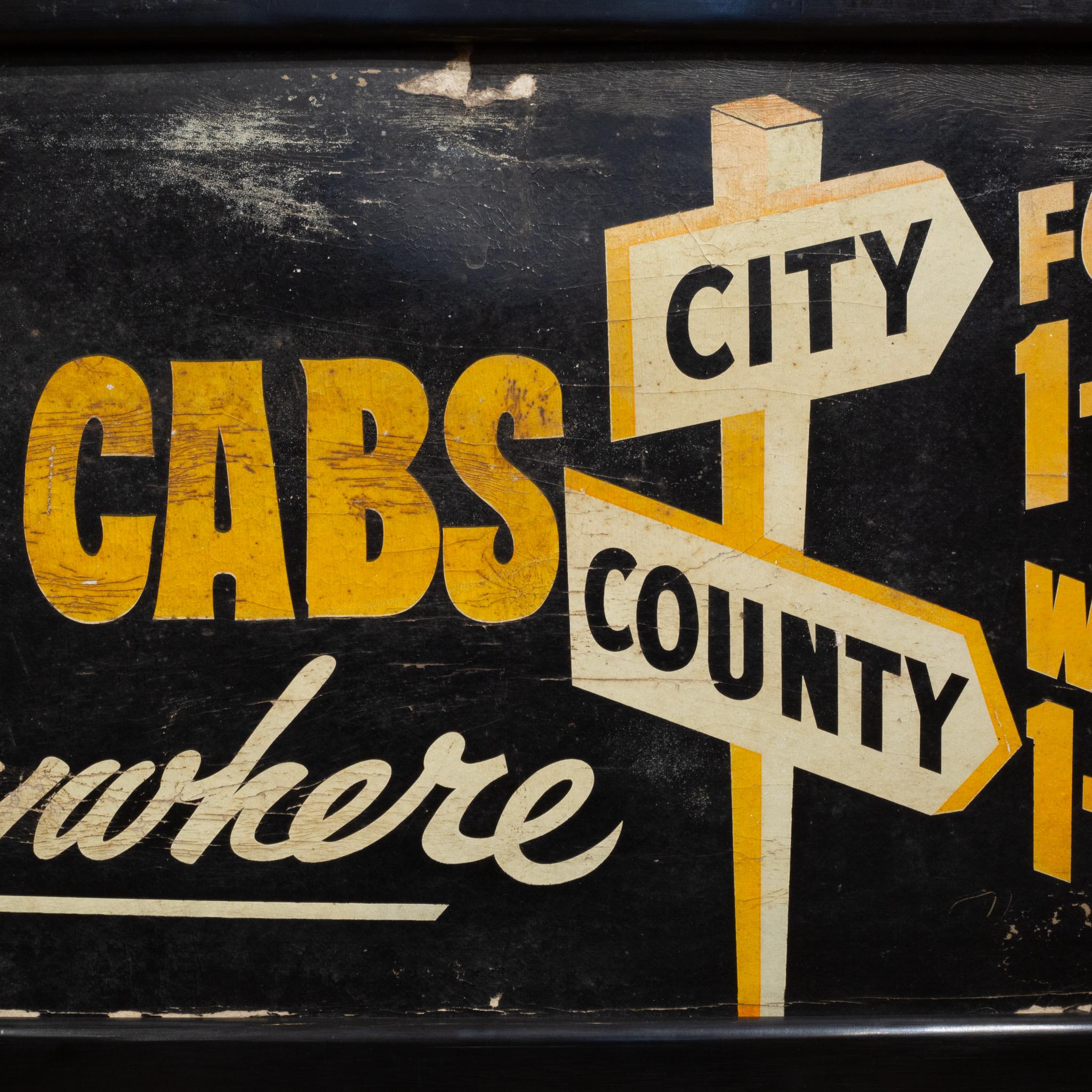 ABOUT

A vintage Yellow Cabs sign framed with a thick wooden frame. 

    CREATOR Unknown. 
    DATE OF MANUFACTURE c.1940-1950. 
    MATERIALS AND TECHNIQUES Mat Board, Wood. 
    CONDITION Good. Wear consistent with age and use. Very light in