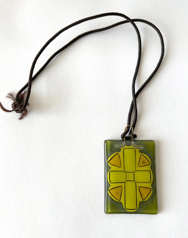 Vintage 1960s handmade green glass pendant necklace created by Frances and Michael Higgins of Riverside, Illinois.  Pendant measures 2.78