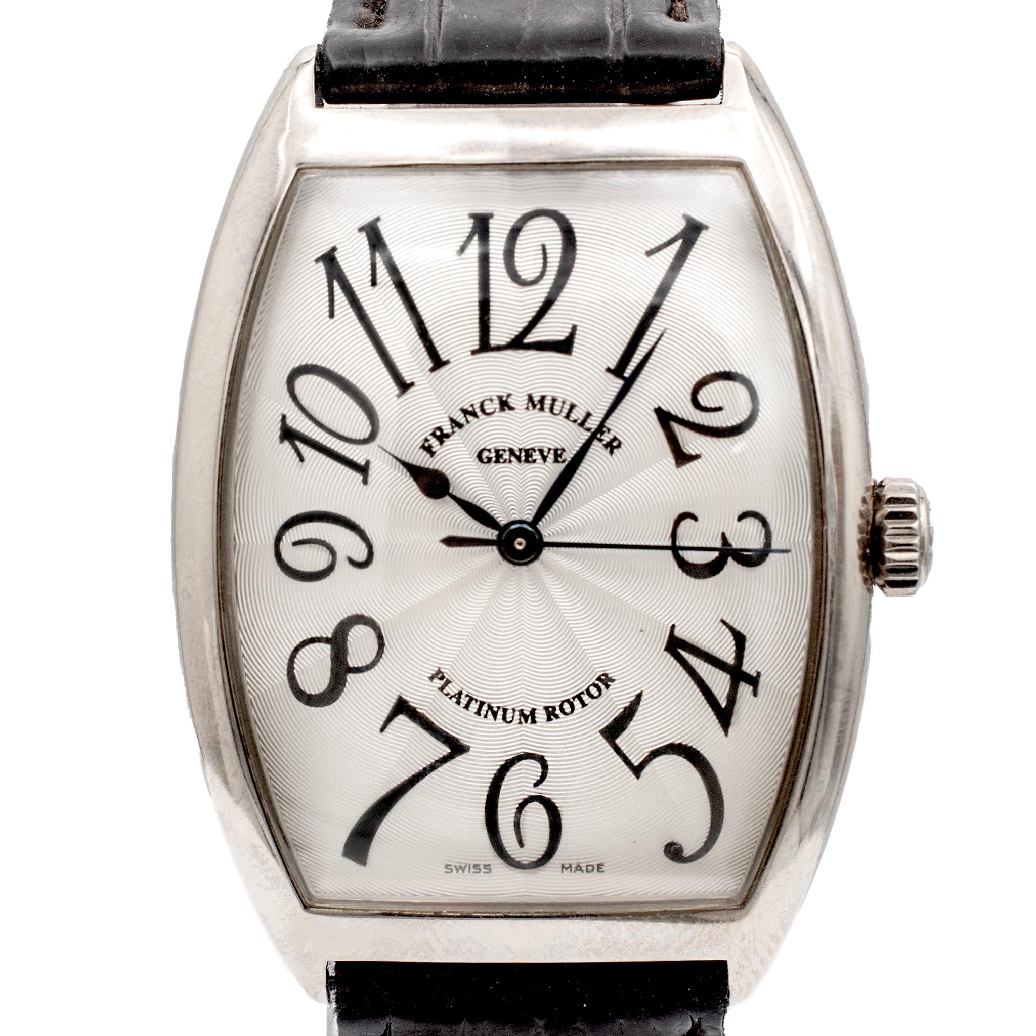 Brand: Franck Muller

Gender: Unisex

Metal Type: 18K White Gold

Diameter: 34.00 mm

Weight: 84.68 grams

Mens 18K white gold Franck Muller Swiss made watch with original box. Engraved with 