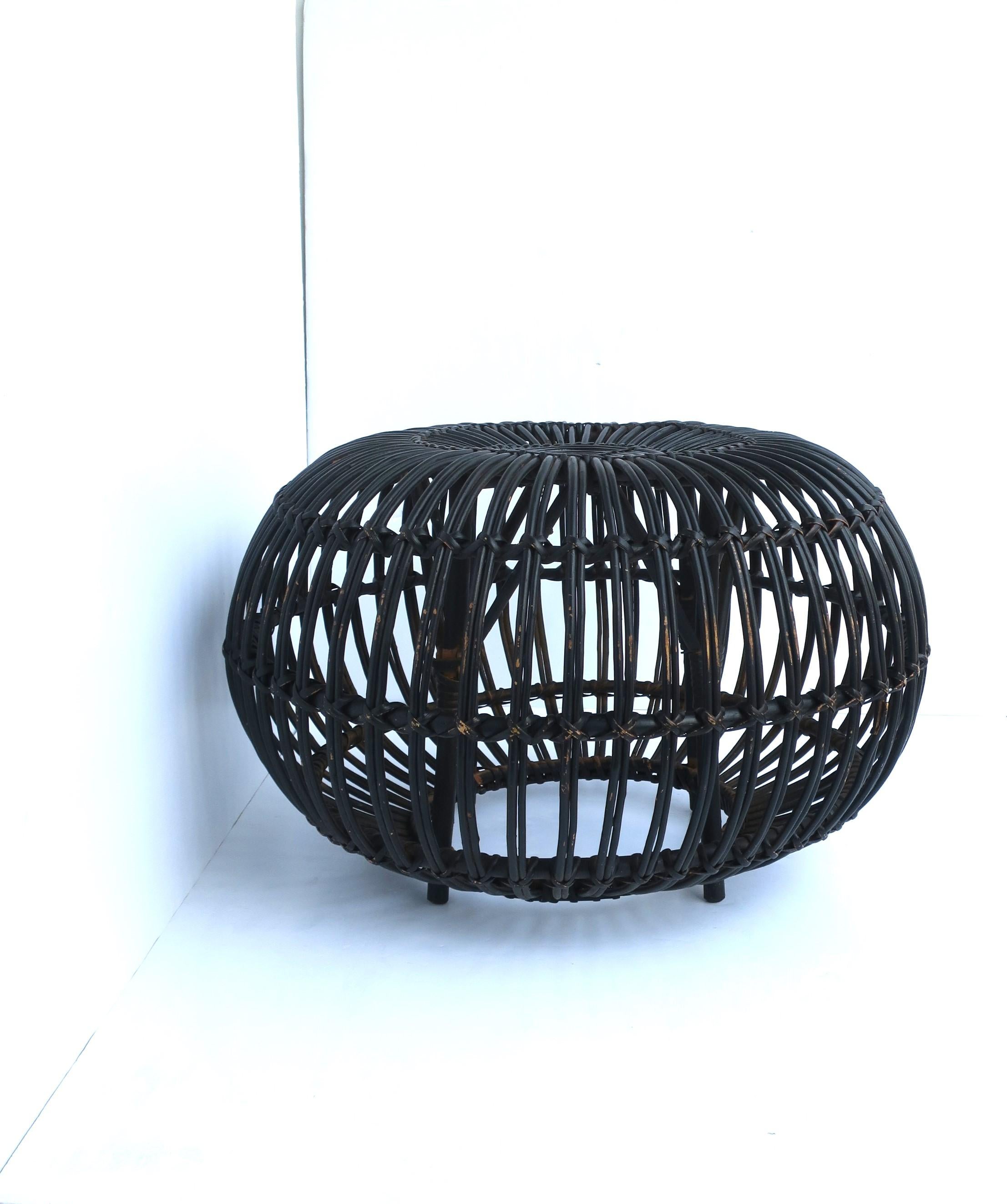 Painted  Black Wicker Rattan Ottoman Pouf Attributed to Franco Albini  For Sale