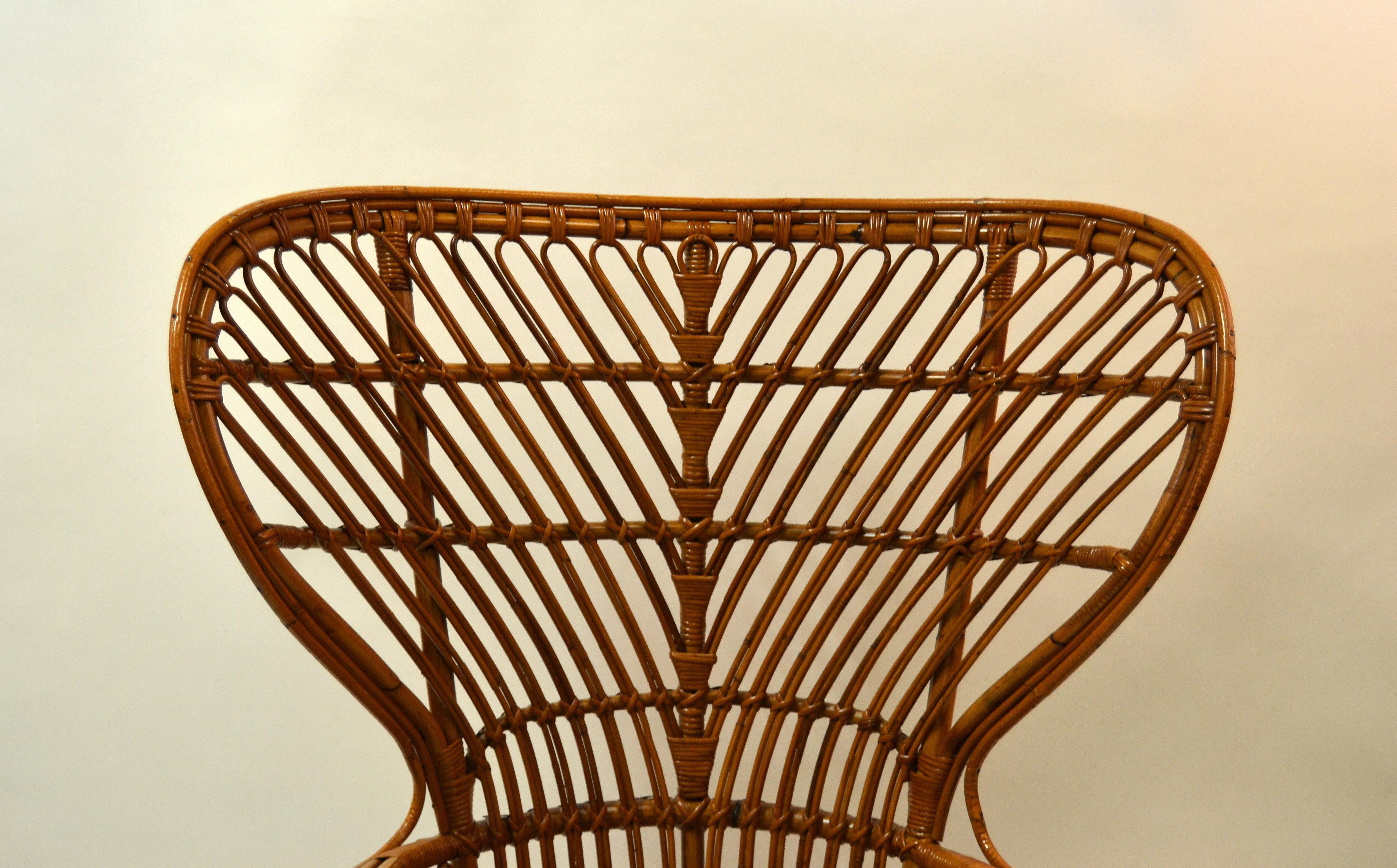 Hand-Woven Vintage Franco Albini Style Handwoven Rattan / Wicker High Back Chair, Italy