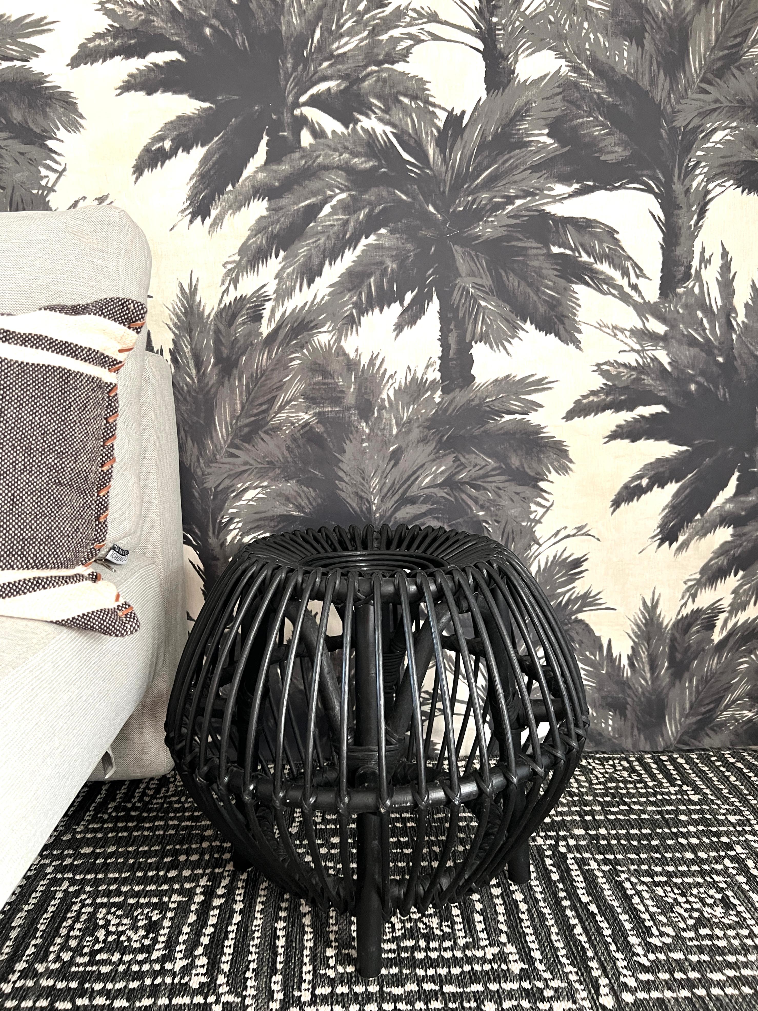 Organic Modern Vintage Franco Albini Style Rattan Ottoman in Matte Black