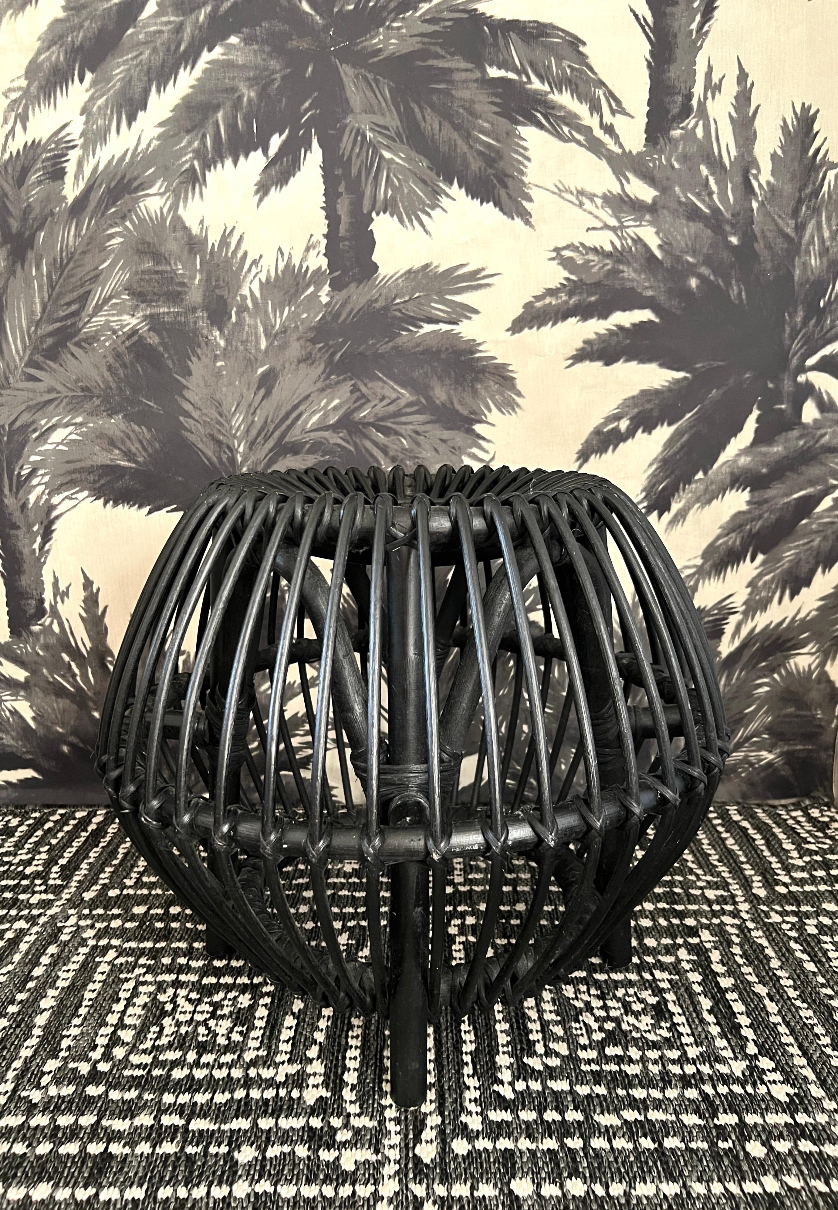 Ebonized Vintage Franco Albini Style Rattan Ottoman in Matte Black