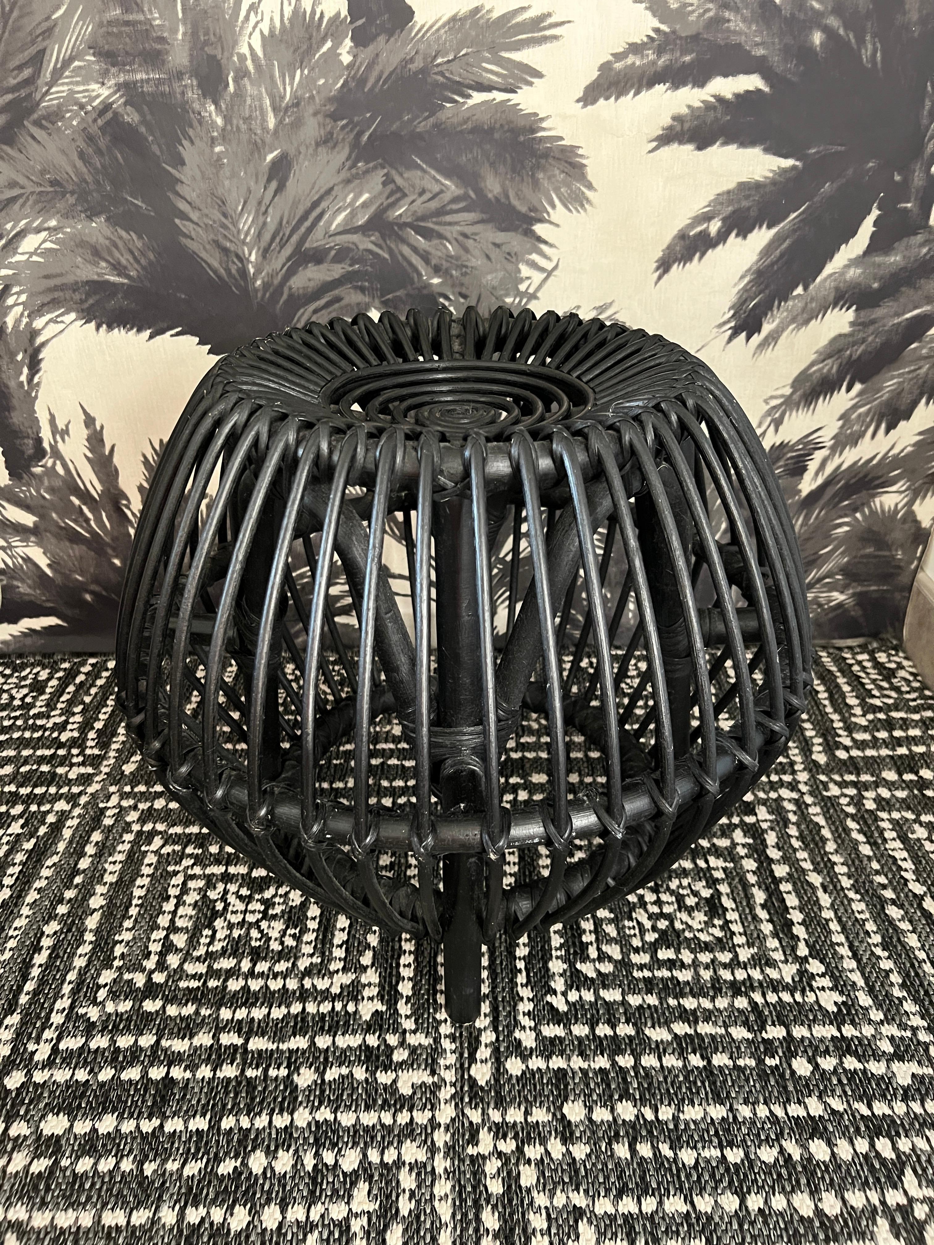 Vintage Franco Albini Style Rattan Ottoman in Matte Black In Good Condition In Fort Lauderdale, FL