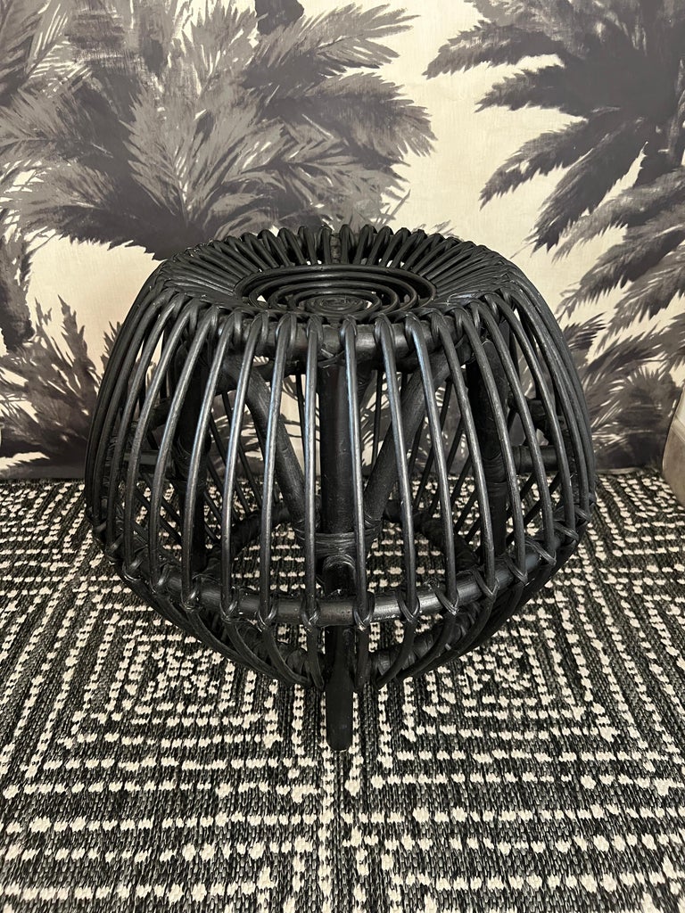 Vintage Franco Albini Style Rattan Ottoman in Matte Black In Good Condition For Sale In Fort Lauderdale, FL