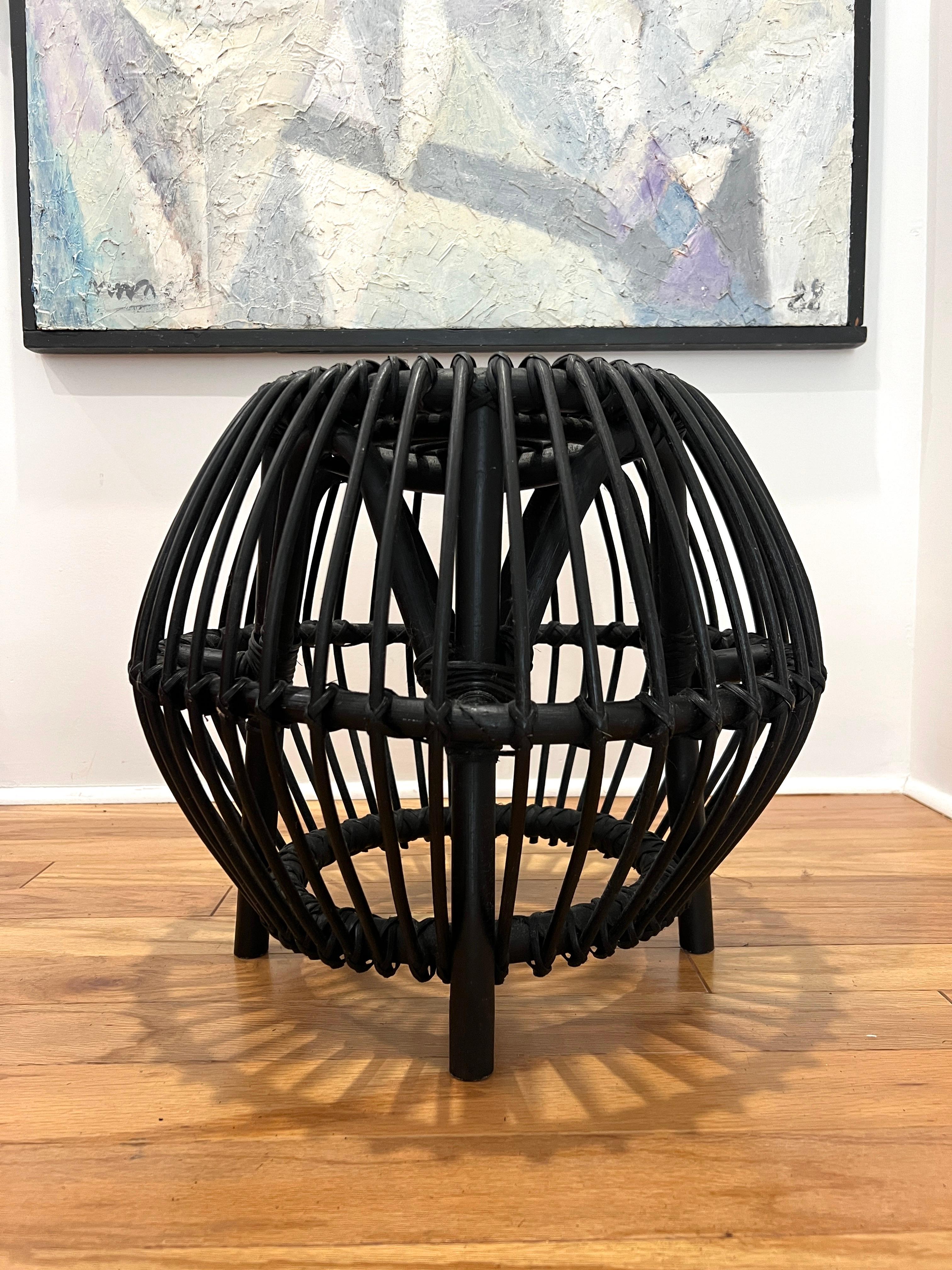 Vintage Franco Albini Style Rattan Ottoman in Matte Black 1