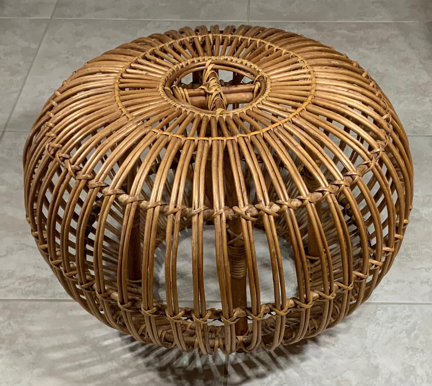 Vintage Franco Albini Style Woven Rattan Ottoman Pouf In Good Condition In Delray Beach, FL