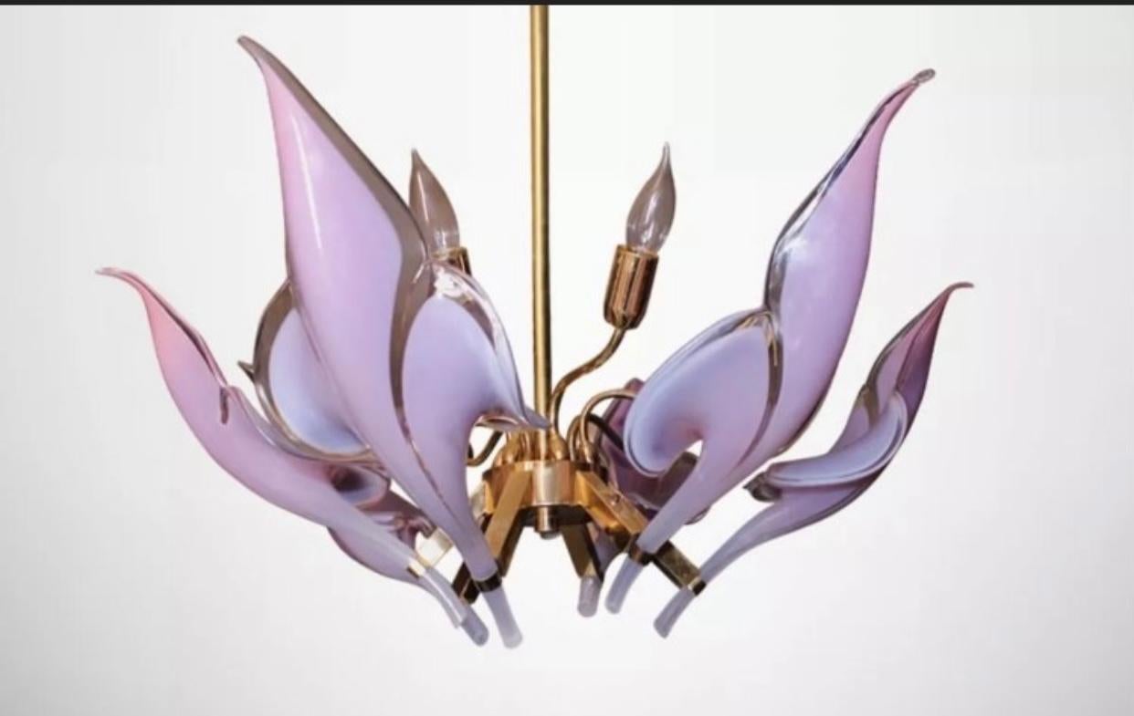 Amazing vintage 1970s Franco Luce Murano purple and lavender glass leaf chandelier. 6 lights. Brass cage and rod. No chips or breaks to glass.