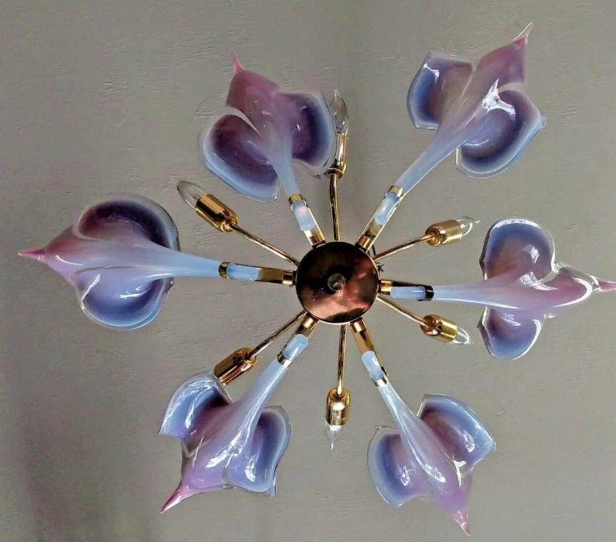 Italian Vintage Murano Franco Luce Purple Lavender Glass Leaf Leaves Chandelier Brass