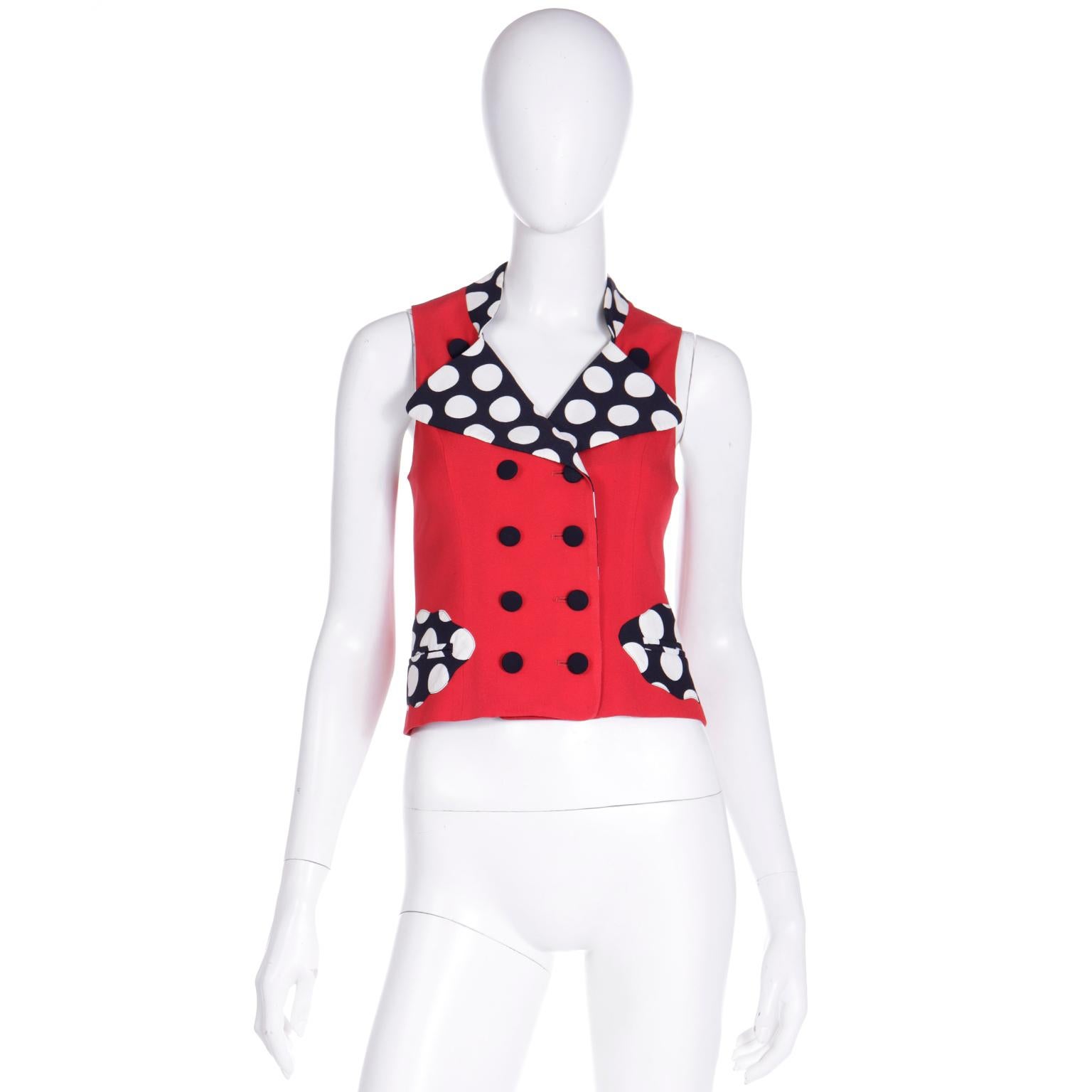 We love original Franco Moschino vntage pieces and this red vest with black and white polka dot trim is quintessential Moschino. Early 1990's pieces by Moschino are very collectible and we have a huge collection of Franco Moschino pieces. This vest