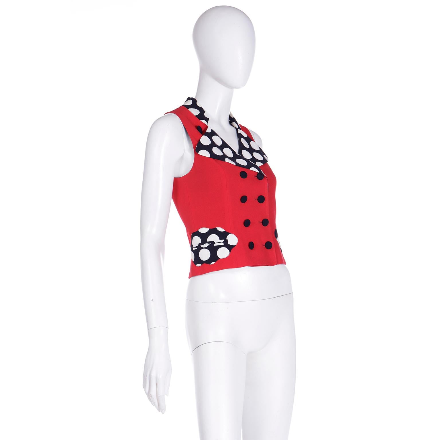 Vintage Franco Moschino 1990s Red Vest W Black & White Polka Dot Trim In Excellent Condition For Sale In Portland, OR