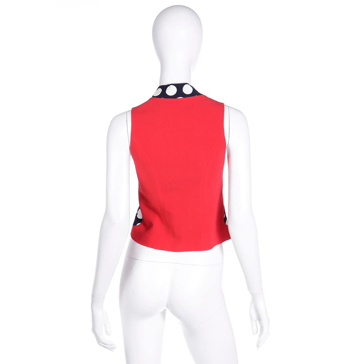 Women's Vintage Franco Moschino 1990s Red Vest W Black & White Polka Dot Trim For Sale