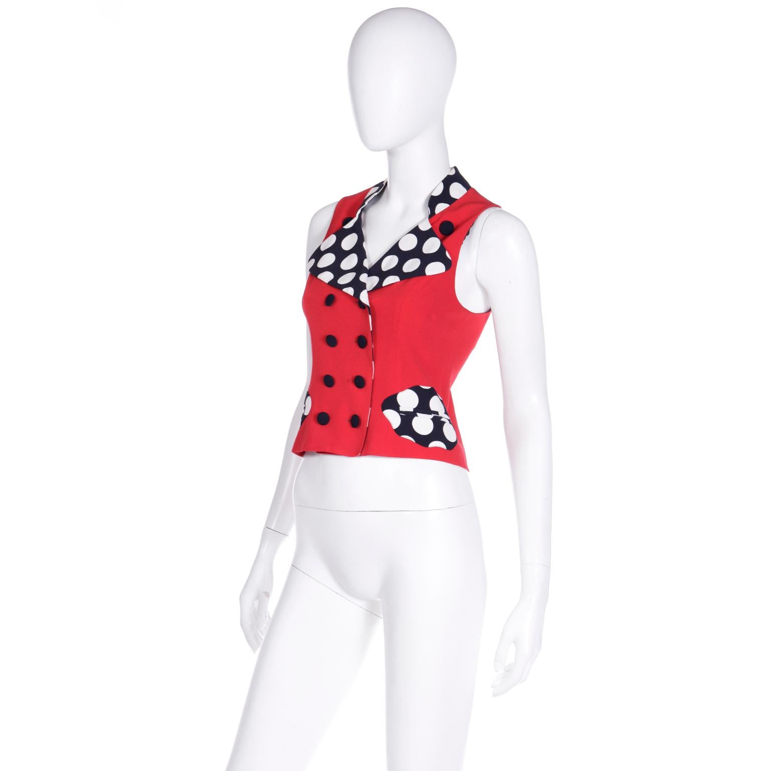 Vintage Franco Moschino 1990s Red Vest W Black & White Polka Dot Trim For Sale 1