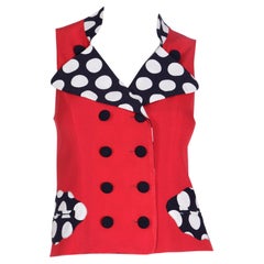 Vintage Franco Moschino 1990s Red Vest W Black & White Polka Dot Trim