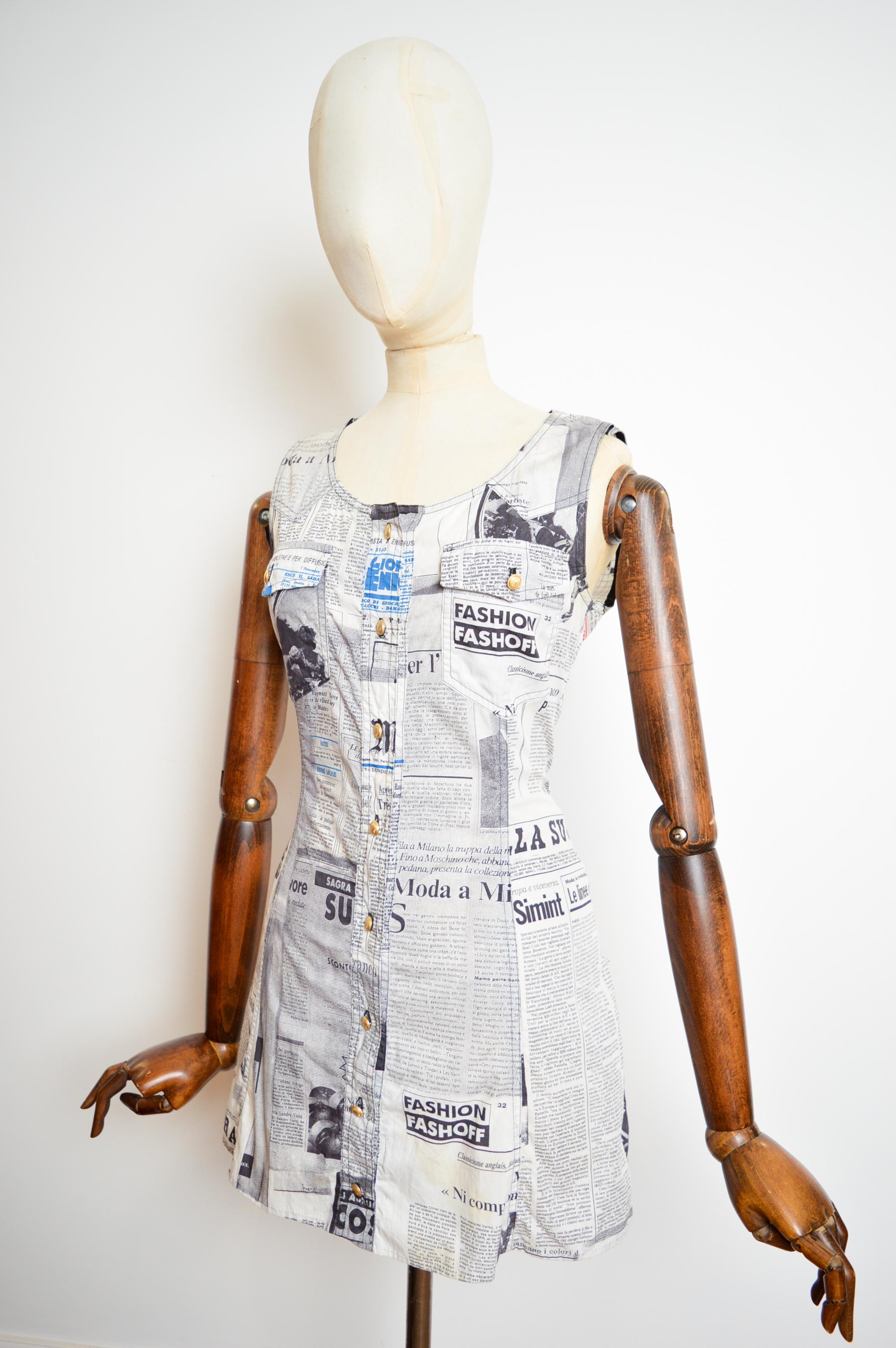 Vintage Franco Moschino 90's Vintage Newspaper print Button down Mini Dress 7