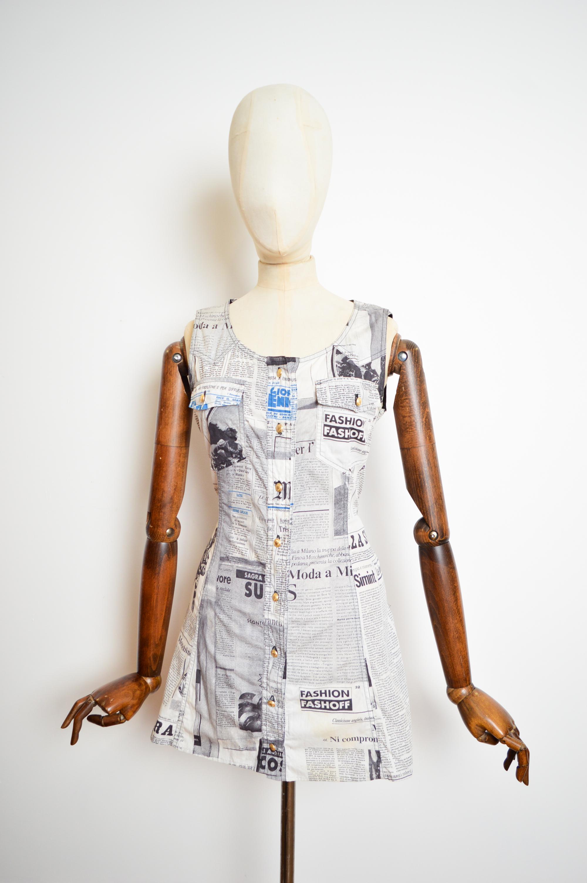 Gray Vintage Franco Moschino 90's Vintage Newspaper print Button down Mini Dress