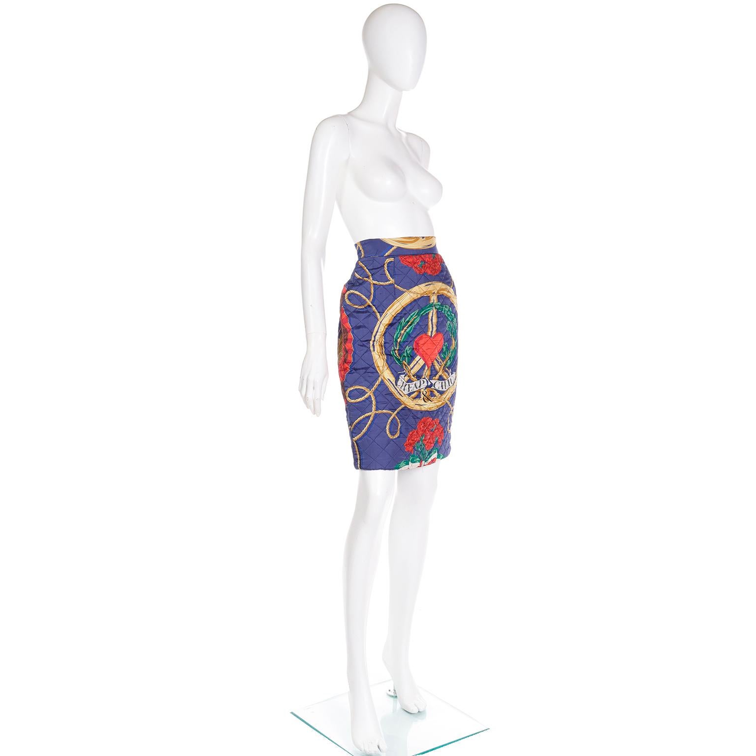 Women's Vintage Franco Moschino Peace Sign & Hearts Cheap and Chic Quilted Skirt For Sale
