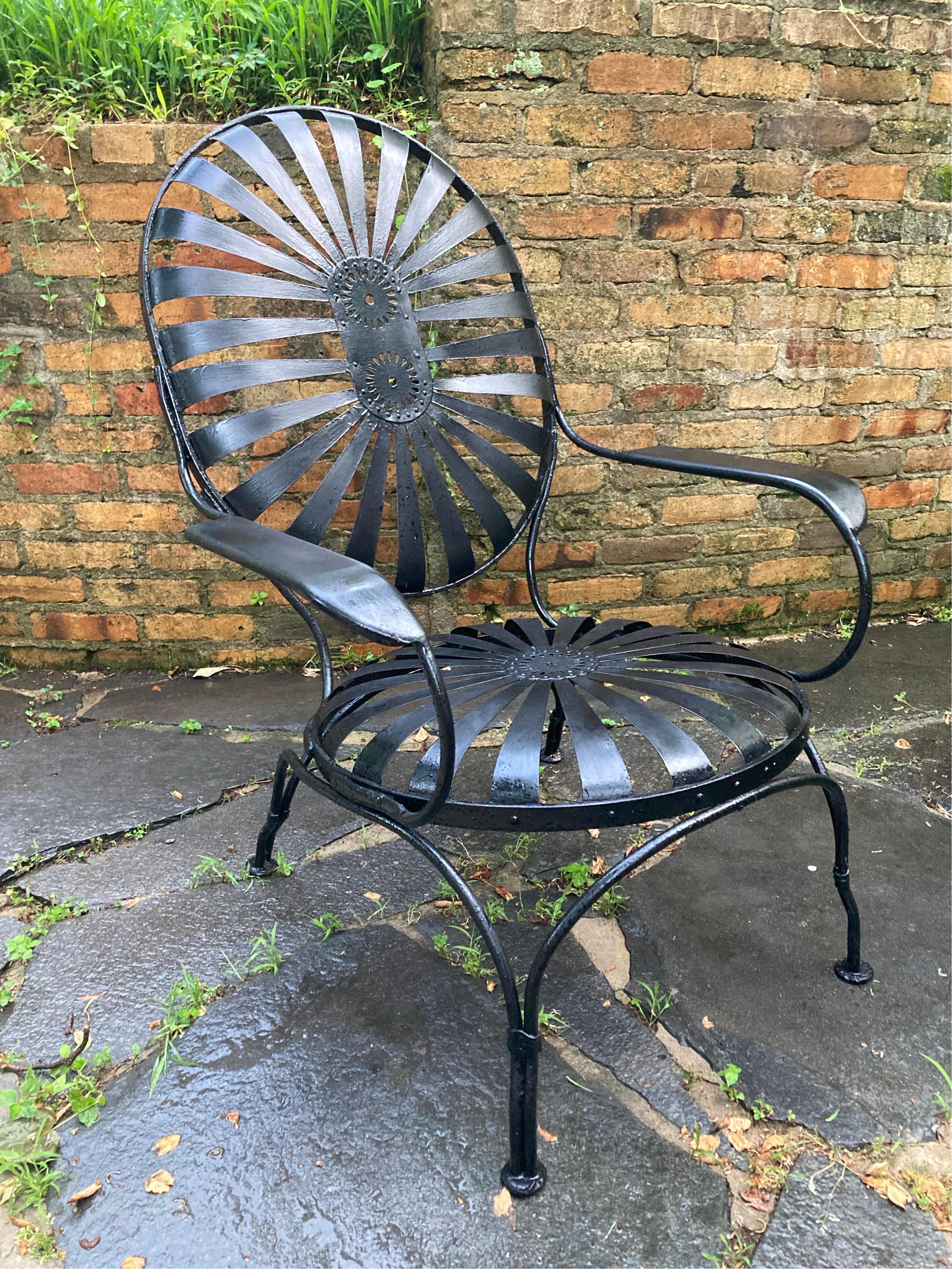 1940’s era iron and spring steel garden lounger, 38 tall. super comfortable. reborn in a black satin finish. i have 3 of these, total. priced individually
no maker’s mark
shipping from athens, ga