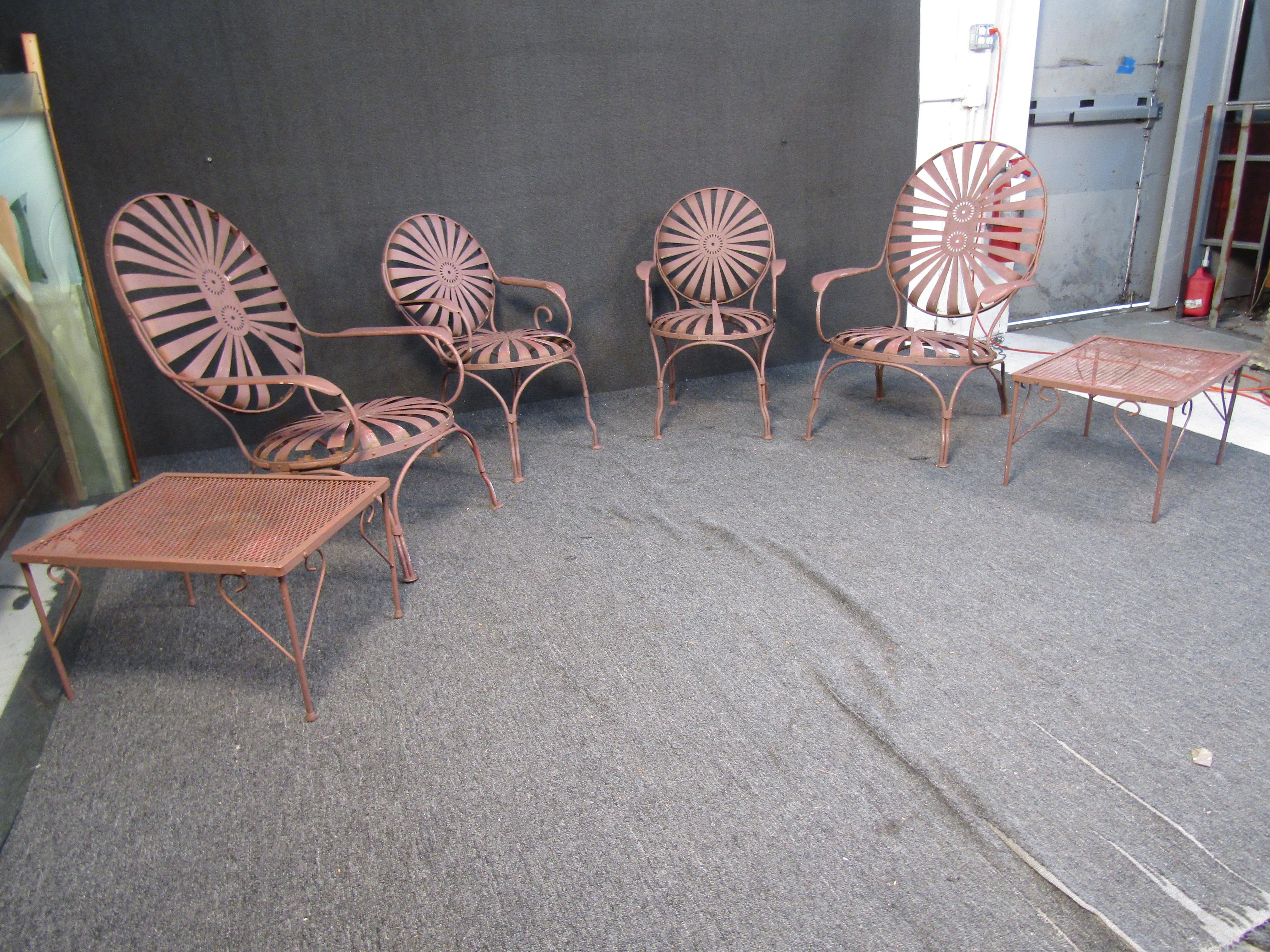 Art Deco Vintage Francois Carre Sunburst Garden Chairs w/ End Tables