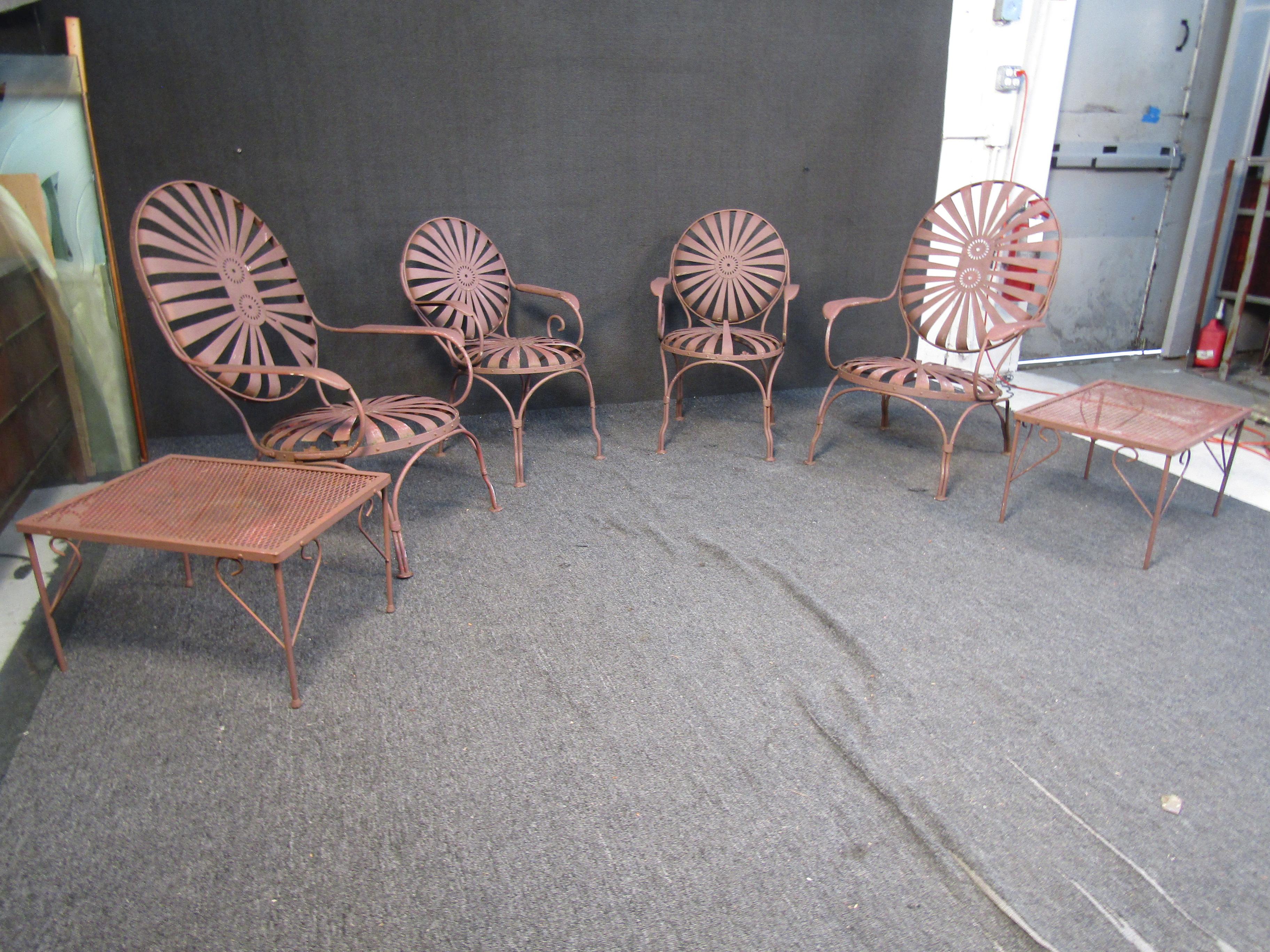 Vintage Francois Carre Sunburst Garden Chairs w/ End Tables In Fair Condition In Brooklyn, NY