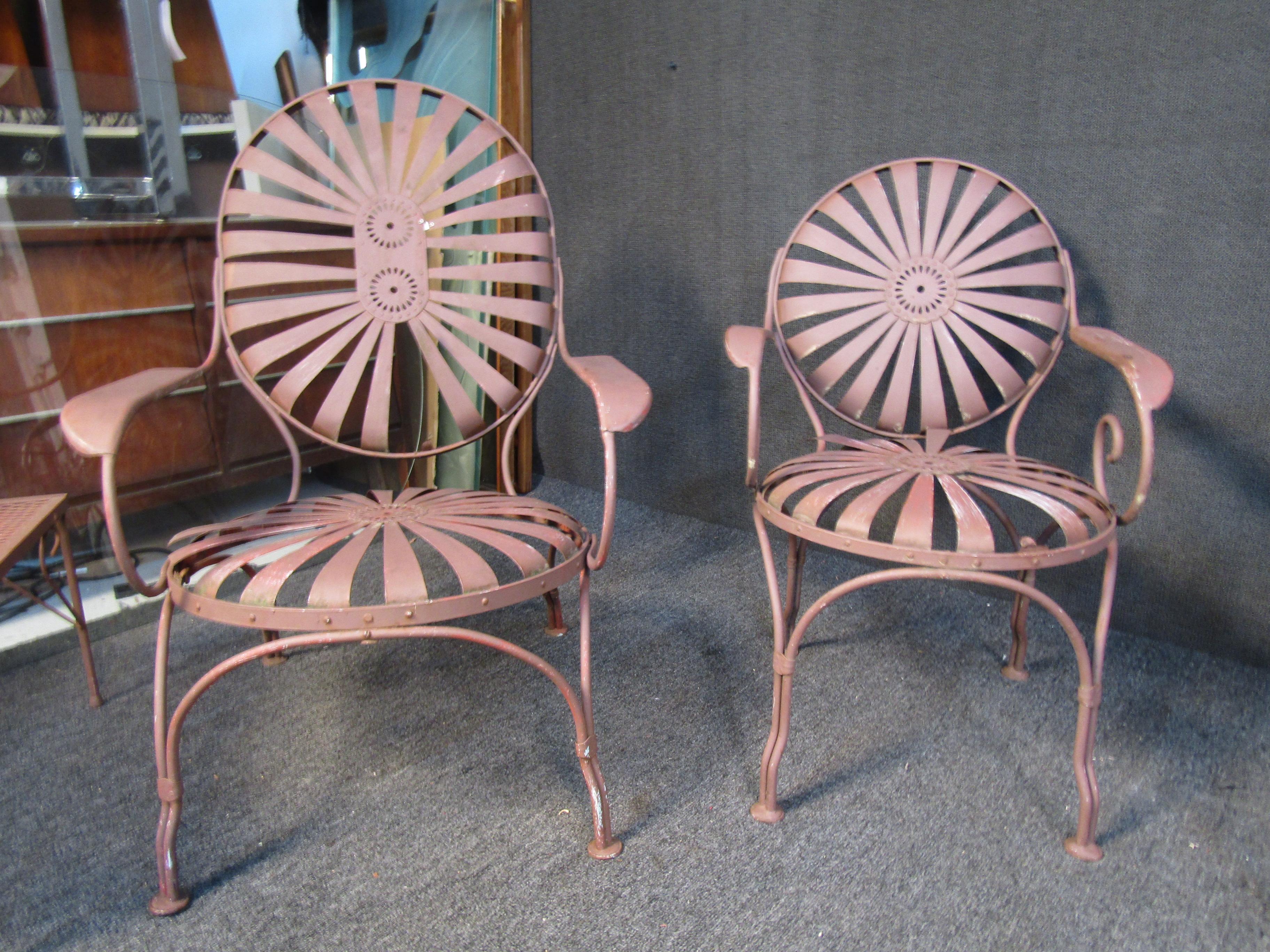 Metal Vintage Francois Carre Sunburst Garden Chairs w/ End Tables