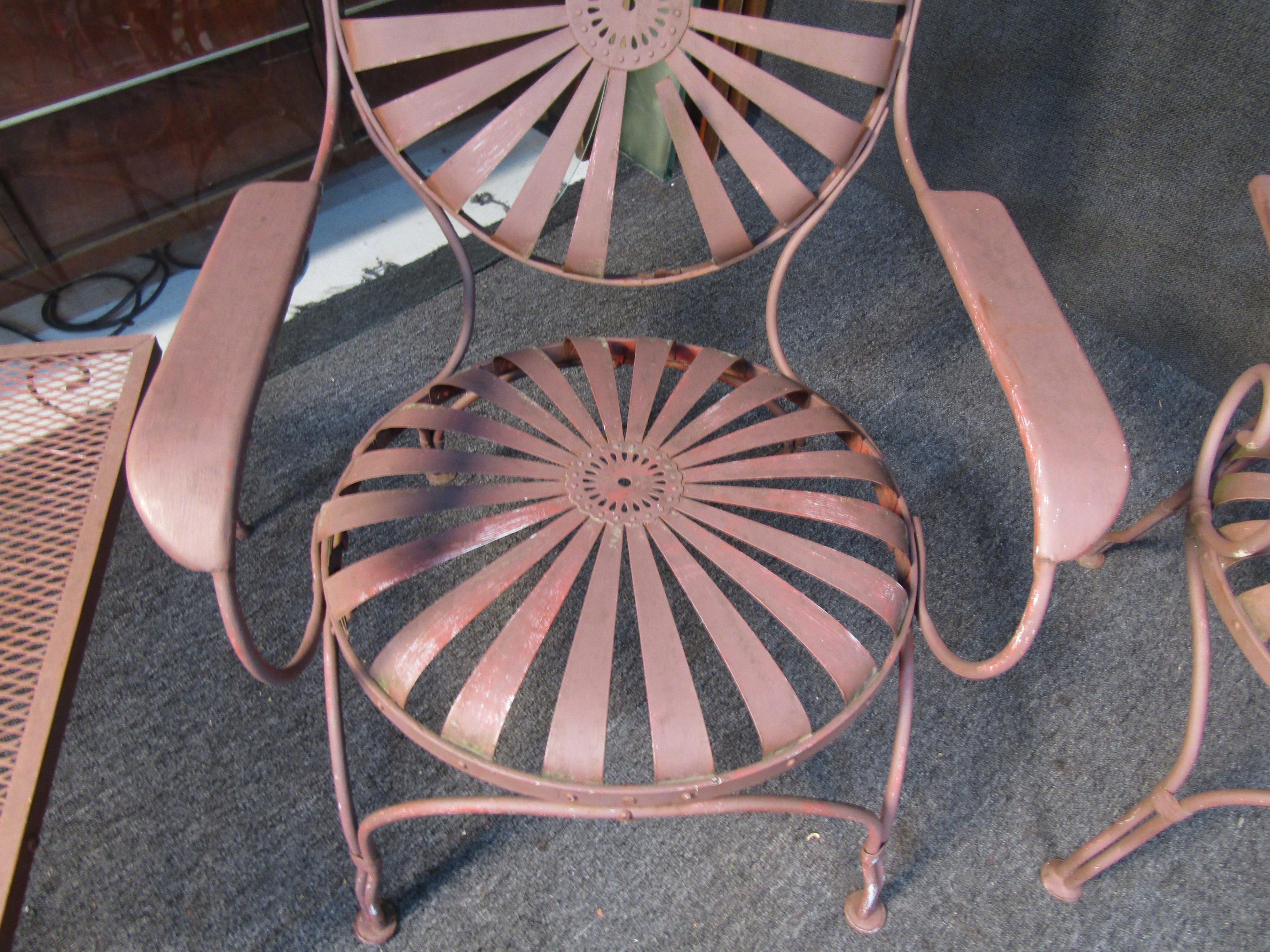 Vintage Francois Carre Sunburst Garden Chairs w/ End Tables 1