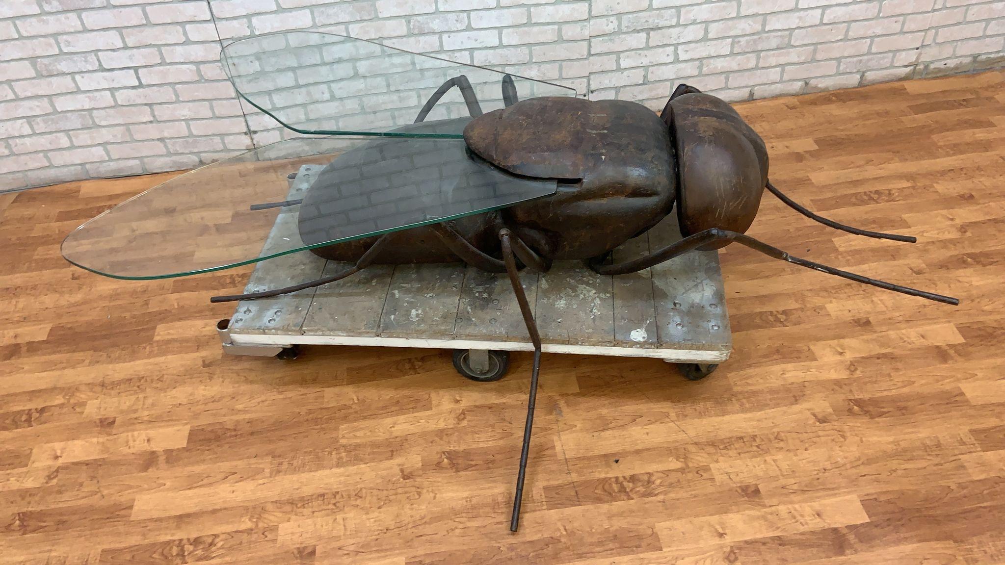 Vintage Francois Melin Stag Style Iron and Glass Wing Fly Coffee Table 1
