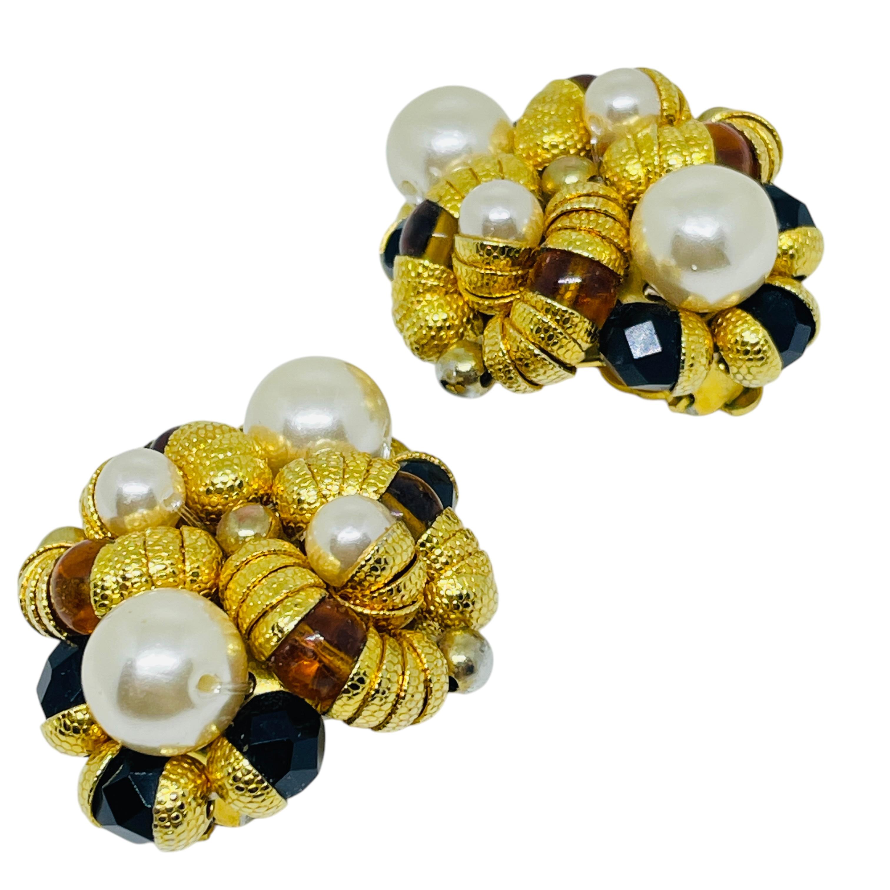 De las mujeres Pendientes vintage FRANCOISE MONTAGUE de oro con perlas de vidrio de diseño con clip en venta