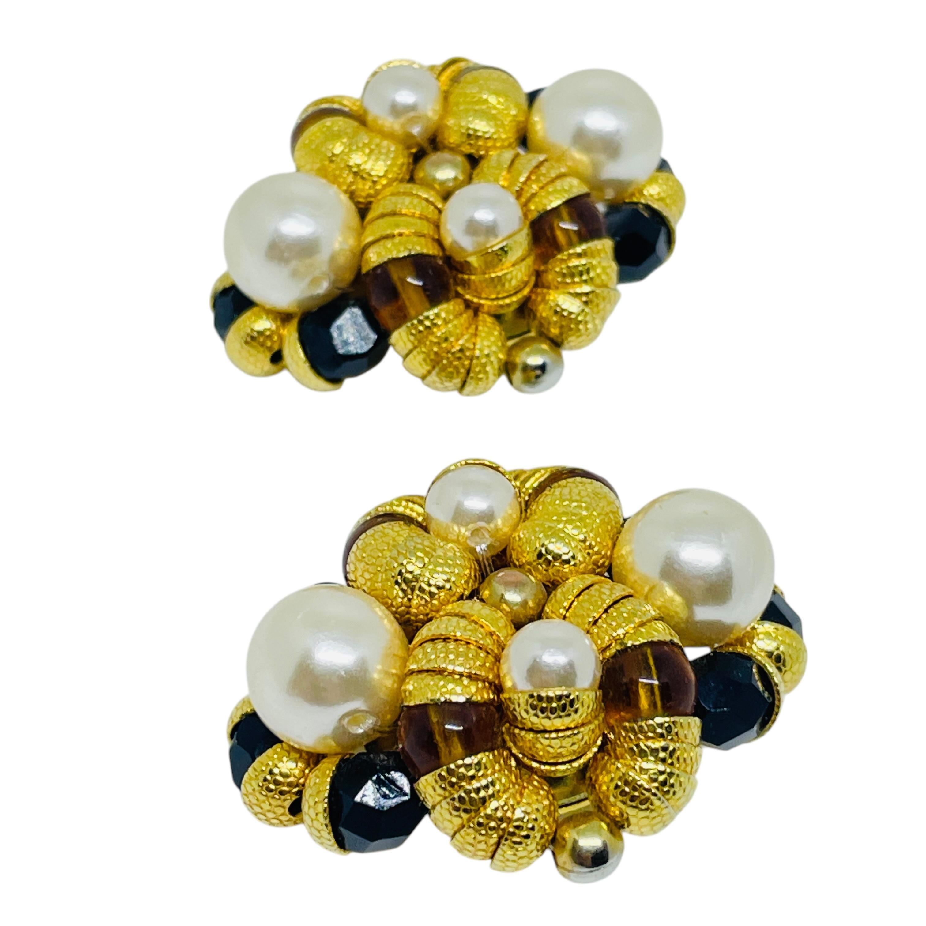 Pendientes vintage FRANCOISE MONTAGUE de oro con perlas de vidrio de diseño con clip en venta 1