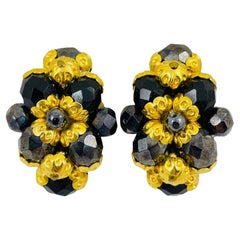 Vintage FRANCOISE MONTAGUE gold black crystal designer runway clip on earrings