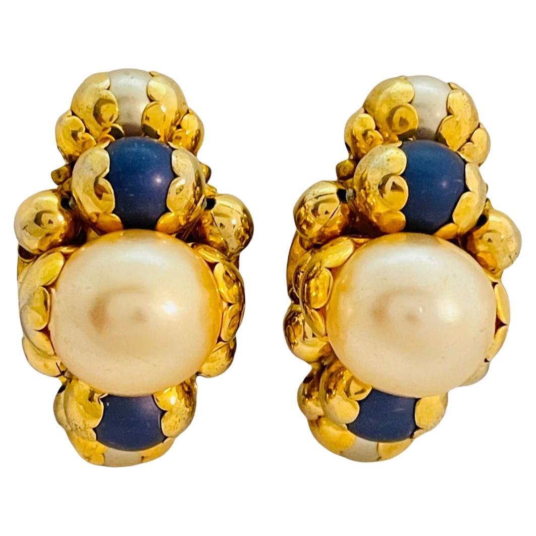 Vintage FRANCOISE MONTAGUE gold glass lapis pearl runway clip on earrings