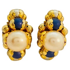 Vintage FRANCOISE MONTAGUE gold glass lapis pearl runway clip on earrings