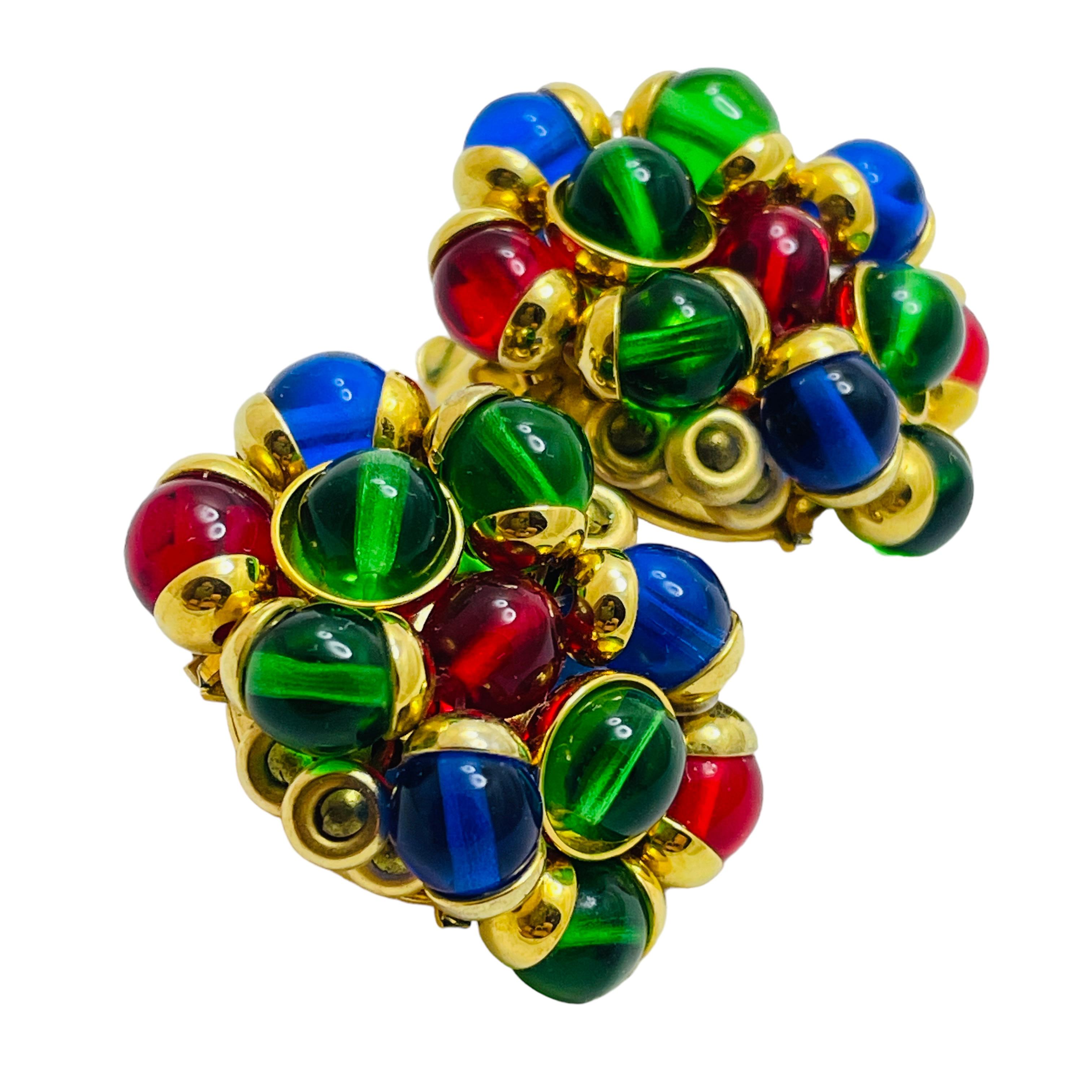 Vintage FRANCOISE MONTAGUE gold jewel glass designer runway clip on earrings For Sale 1