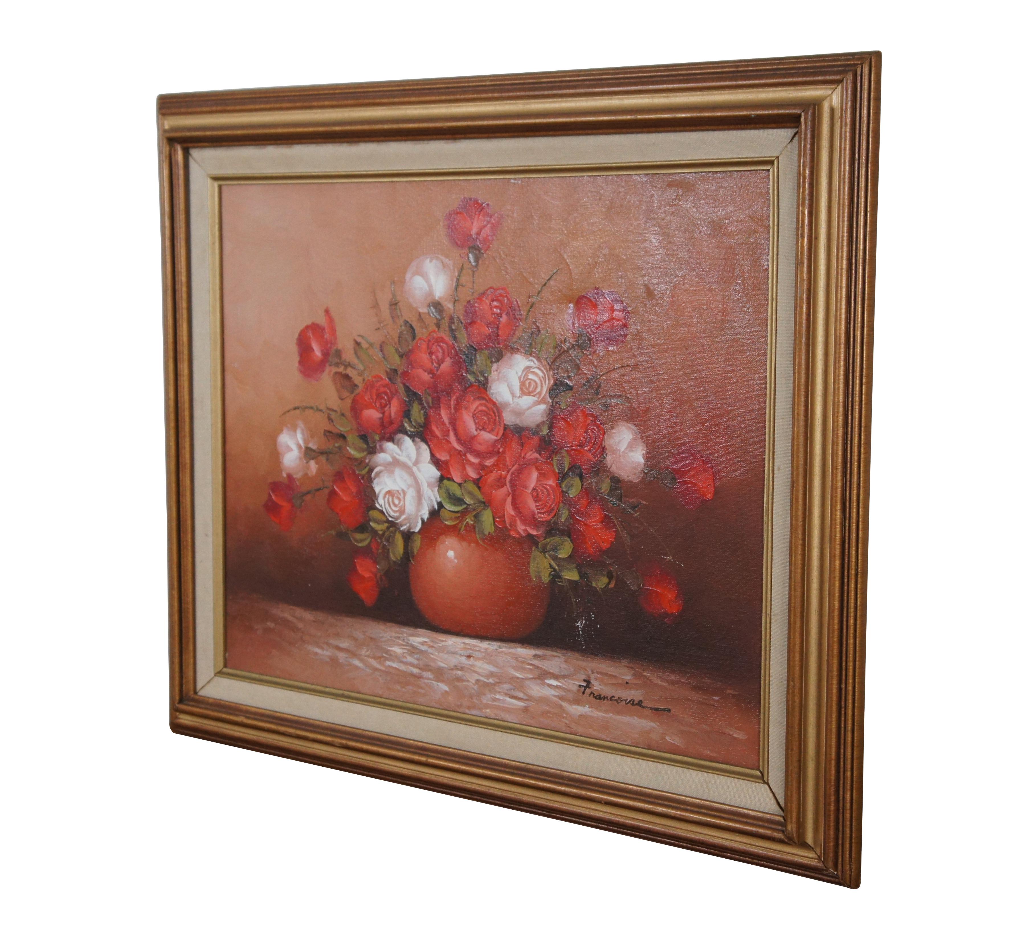 Late 20th century oil on canvas realistic still life painting of a bouquet of red and white roses in a round vase. Signed Francoise in the lower right. Frame made in Mexico.

Dimensions:
25” x 1.25” x 21” / Sans Frame - 19.5” x 15.75” (Width x Depth