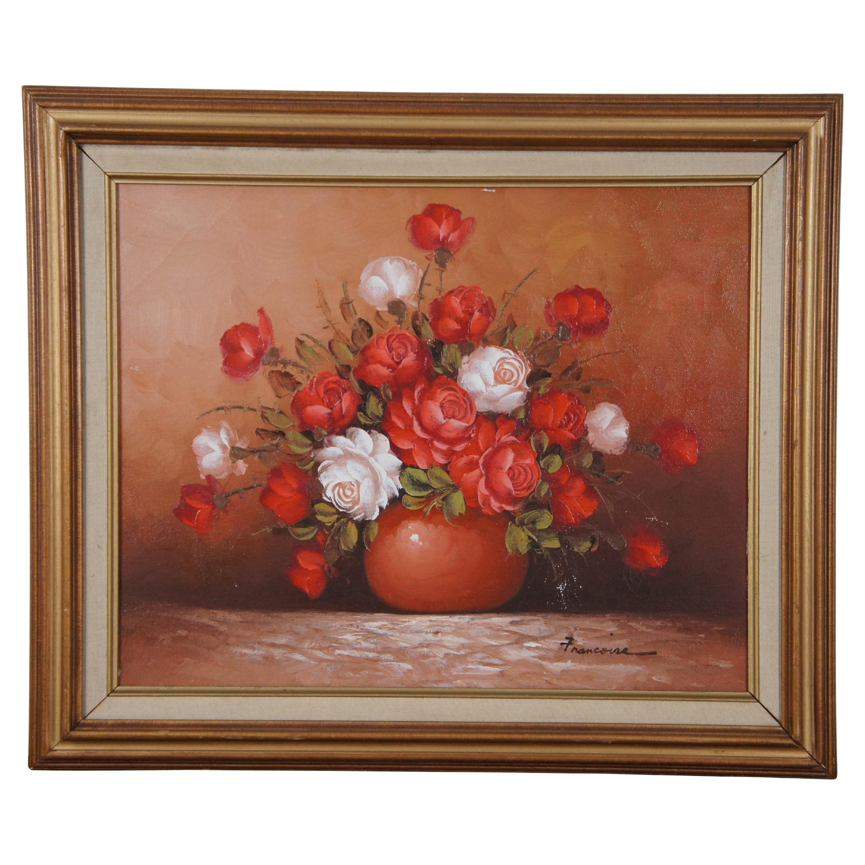 Vintage Francoise Red & White Roses Still Life Oil Painting on Canvas 25" For Sale