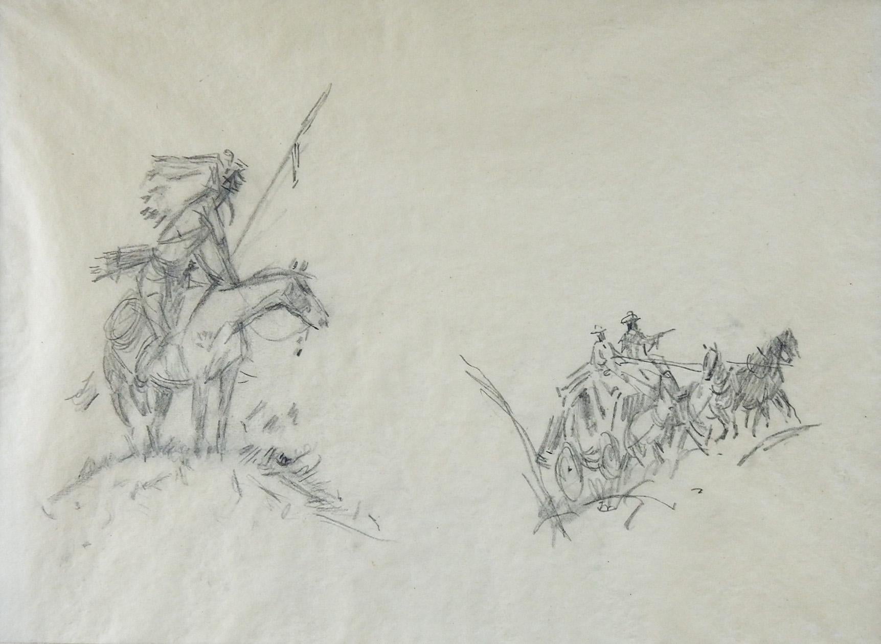 Vintage mid-century pencil on onionskin paper illustration drawing. Unsigned but attributed to Frank Hoffmann (1888-1958) western illustrator. Scene is a quick study likely for a western story magazine and shows Indian on horseback watching a