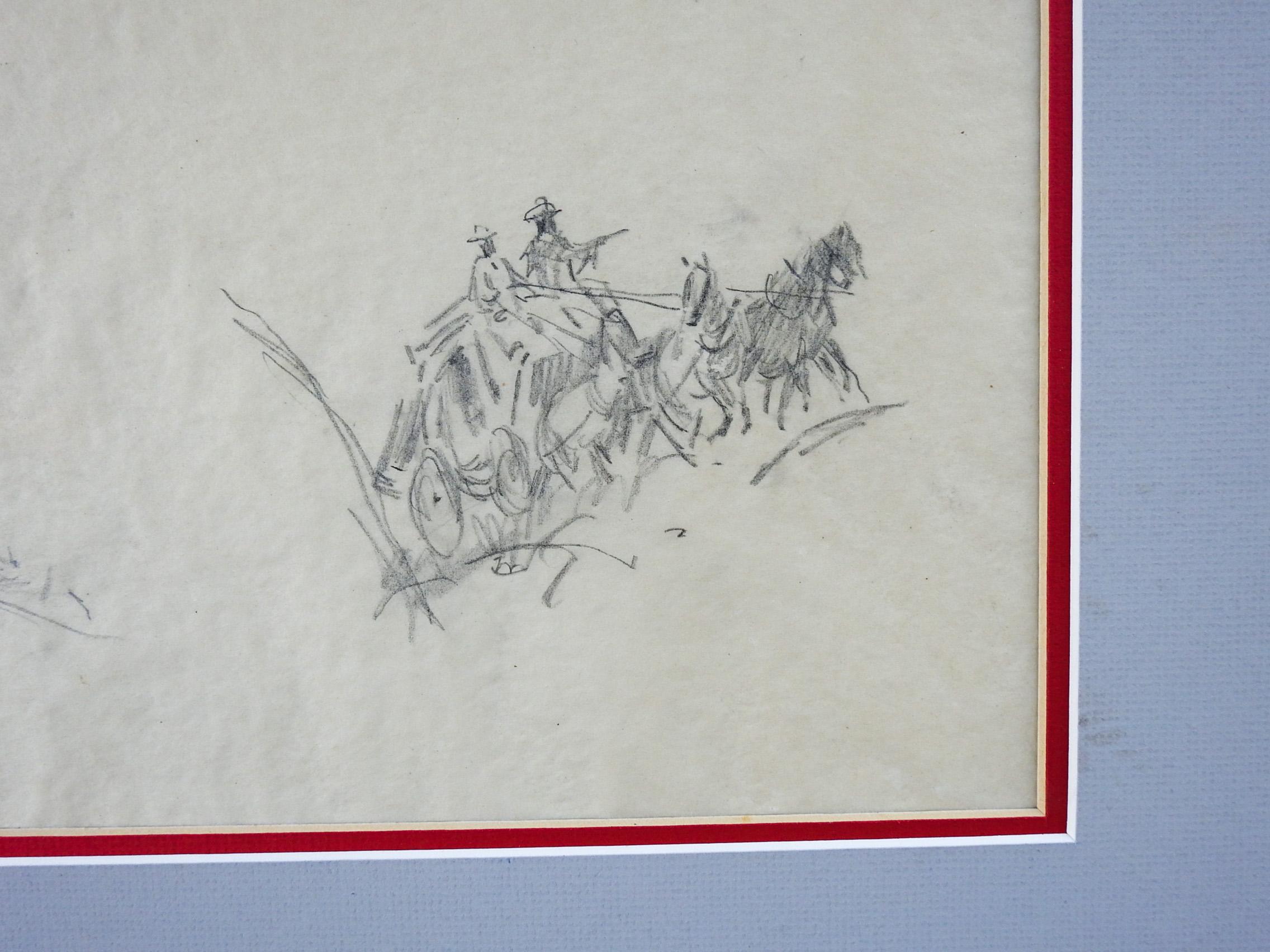 American Vintage Frank Hoffmann Western Stagecoach & Indian Illustration Drawing For Sale