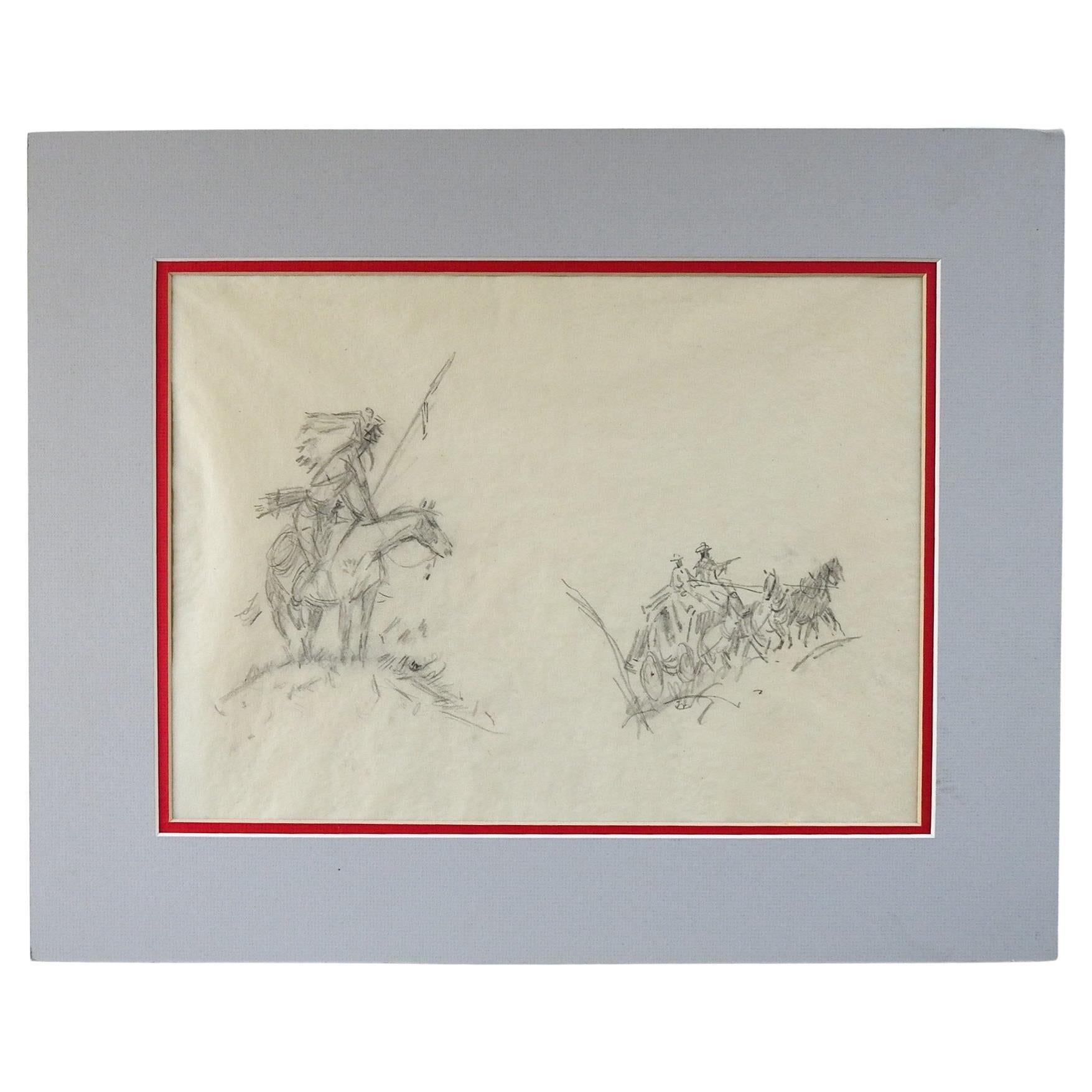 Vintage Frank Hoffmann Western Stagecoach & Indian Illustration Drawing For Sale