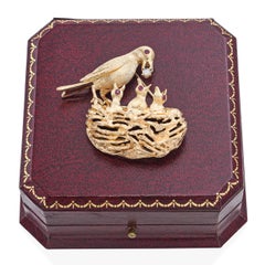 Vintage Frank J Golden 14k Yellow Gold Rubies & Diamond Bird Nest Brooch