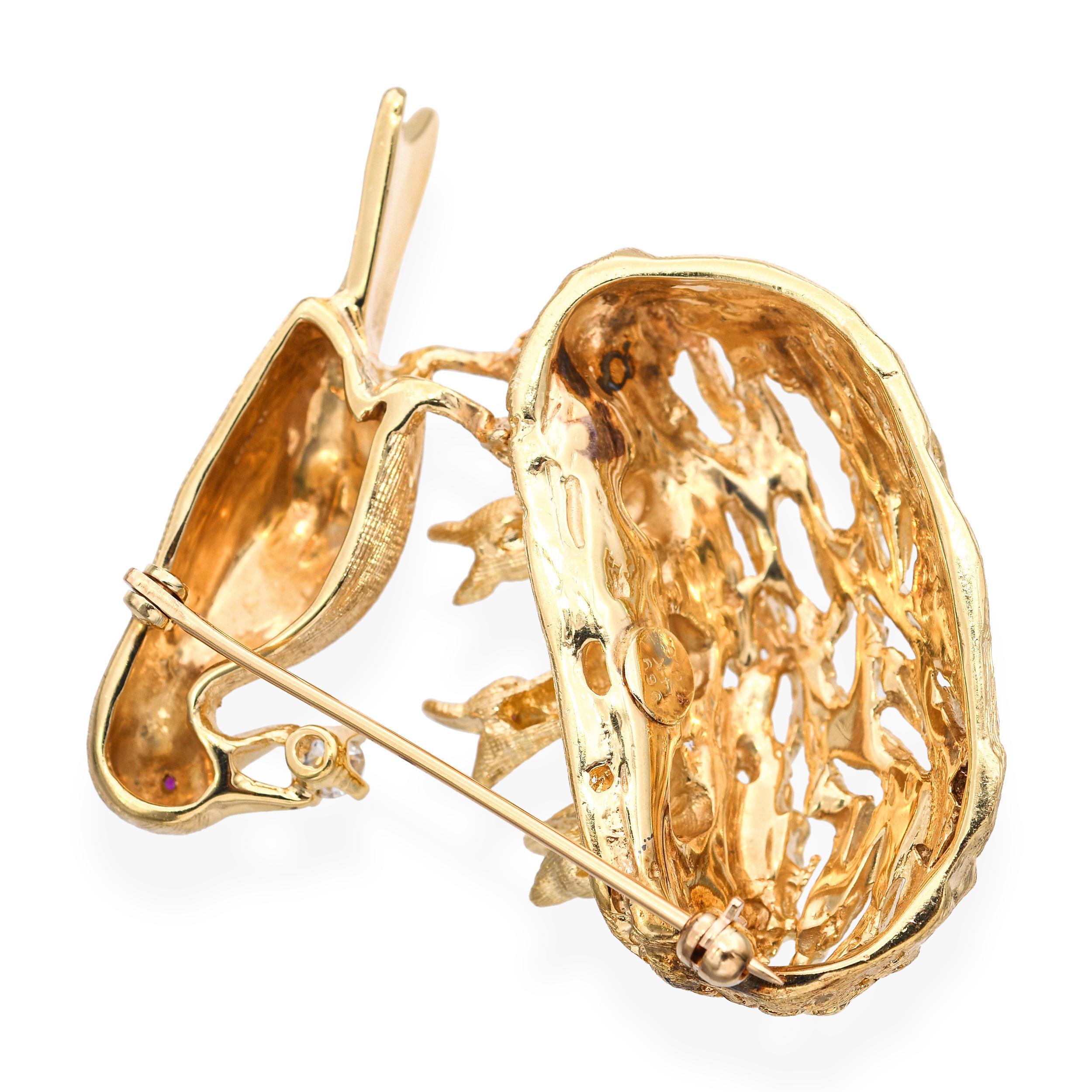 Vintage Frank J Gold 14k Yellow Gold Rubies & Diamond Bird Nest Brooch Excellent état - En vente à New York, NY