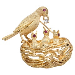 Broche vintage Frank J Gold de oro amarillo de 14k con rubíes y diamantes Nido de pájaros