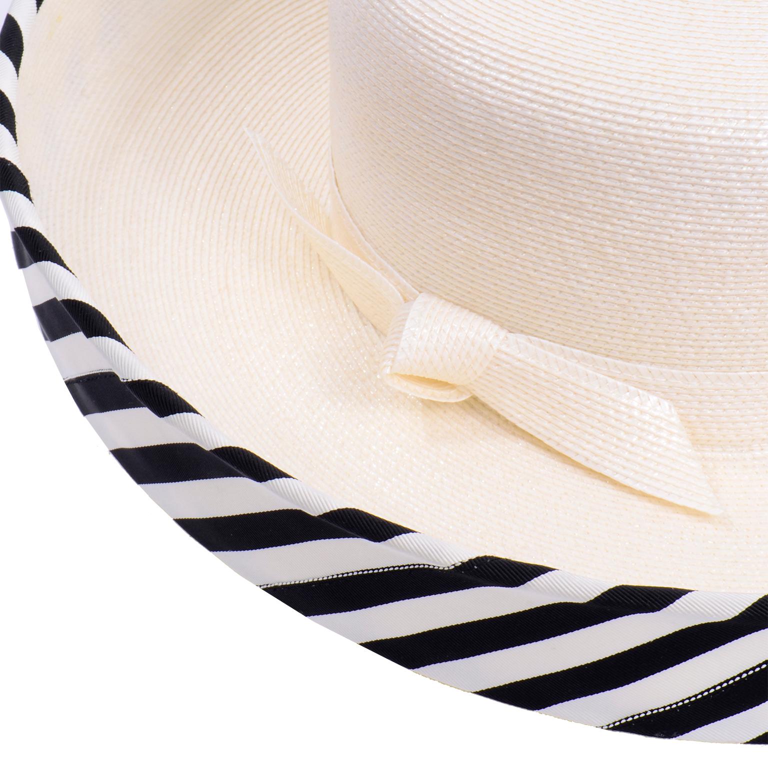 Vintage Frank Olive Ivory Straw Hat With Black & White Stripe Upturned Brim In Excellent Condition In Portland, OR