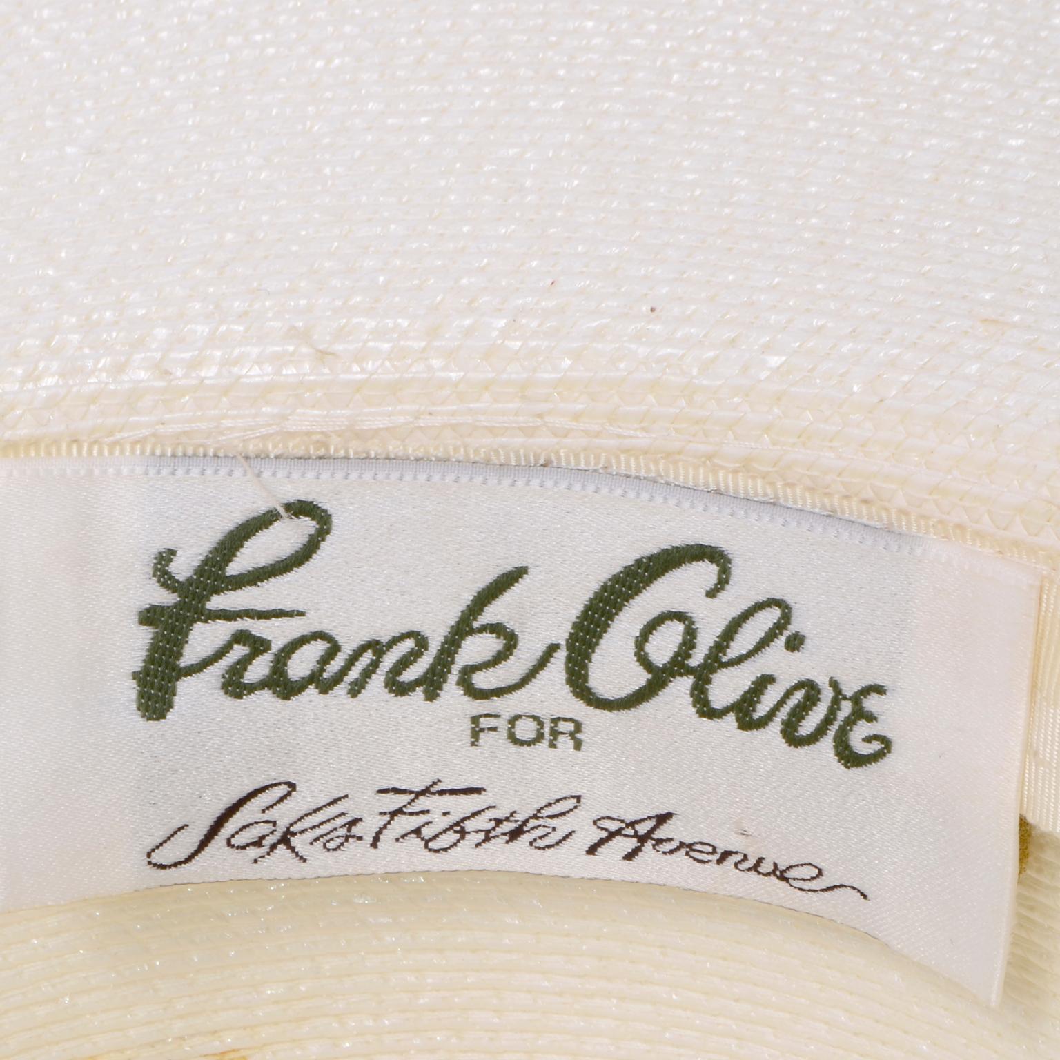 Women's Vintage Frank Olive Ivory Straw Hat With Black & White Stripe Upturned Brim