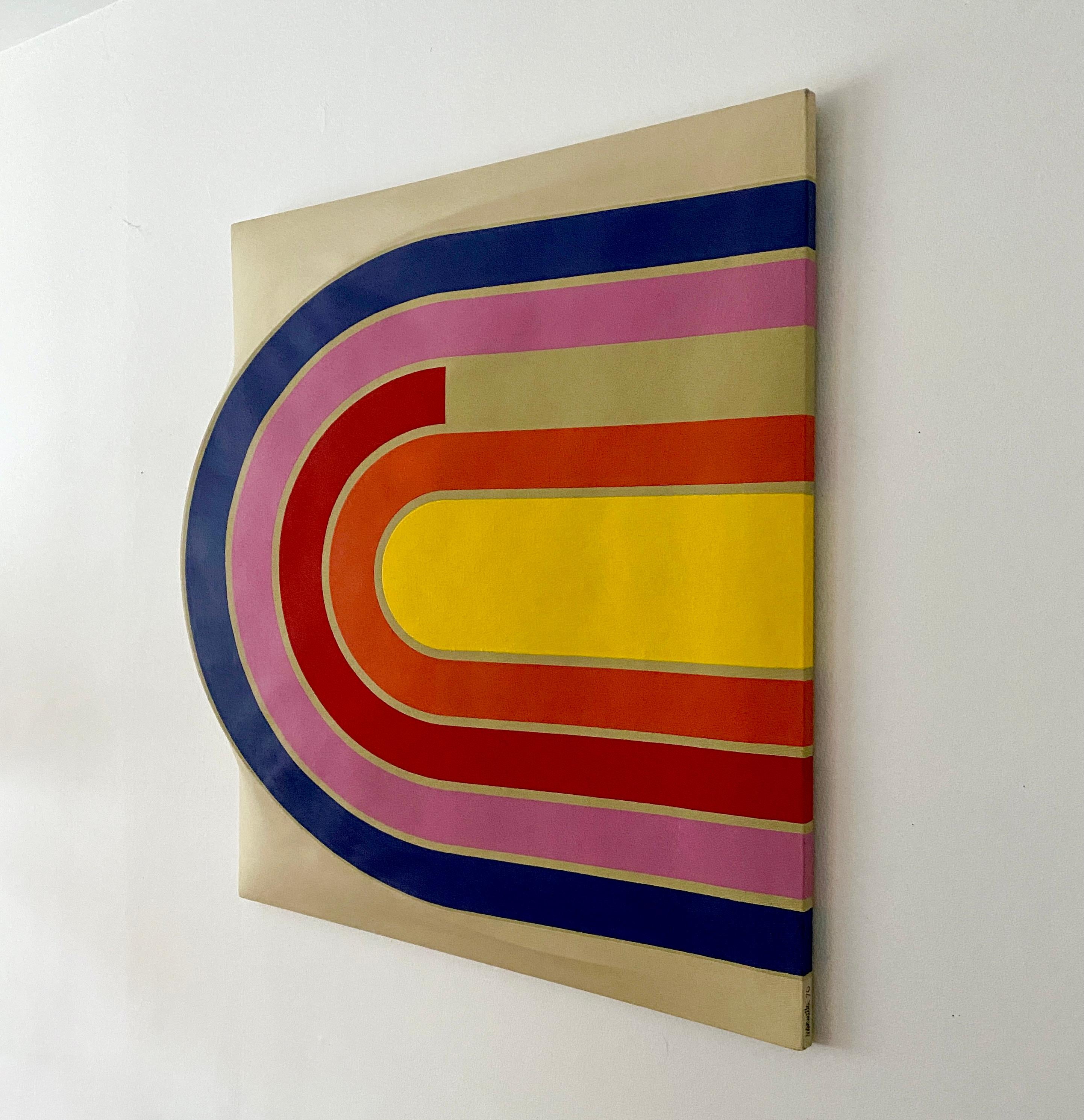 Peinture pop acrylique minimaliste vintage de style Frank Stella, signée Manuella 70 en vente 11