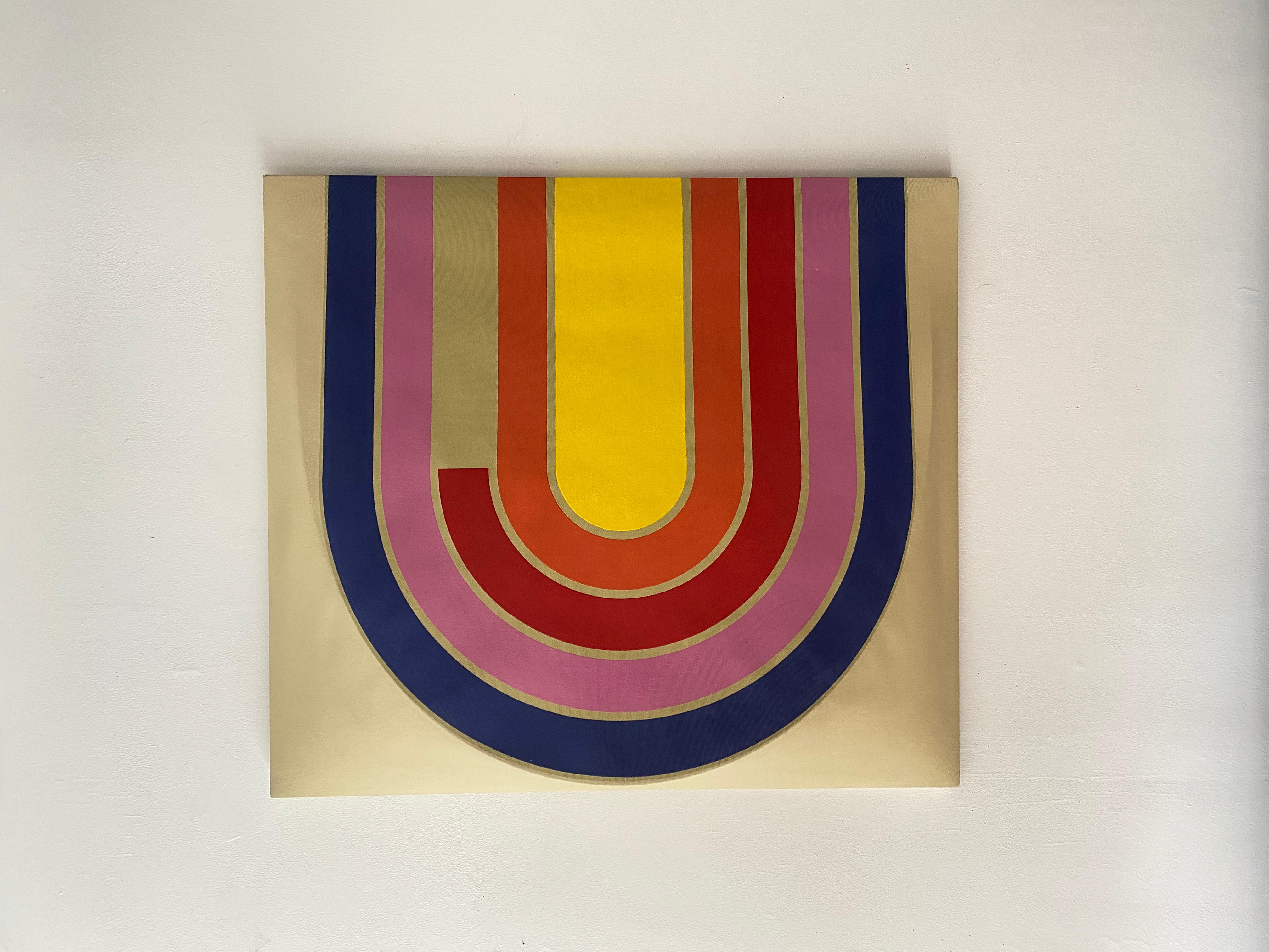 A painting in the Minimalist style painted by Manuella in 1970. The painting is very much three dimensional and consists of a fiberglass form on a wooden stretcher, the fiber glass is covered with canvas, the paint appears to be acrylic. The