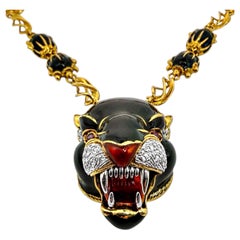 Vintage Frascarolo Gold Black Enamel Diamond & Ruby Panther Necklace 33 Inches