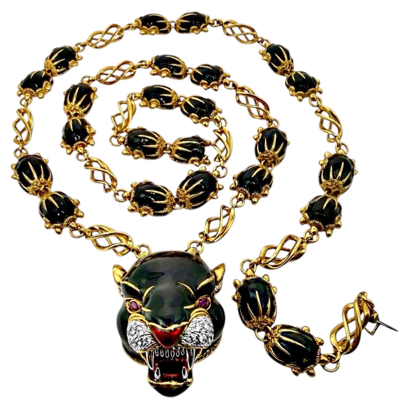 Vintage-Halskette von Frascarolo aus schwarzem Emaille mit Diamanten und Rubinen in Pantherform, 33 Zoll im Angebot