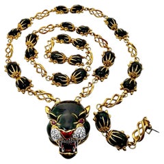 Vintage Frascarolo Gold Black Enamel Diamond & Ruby Panther Necklace 33 Inches